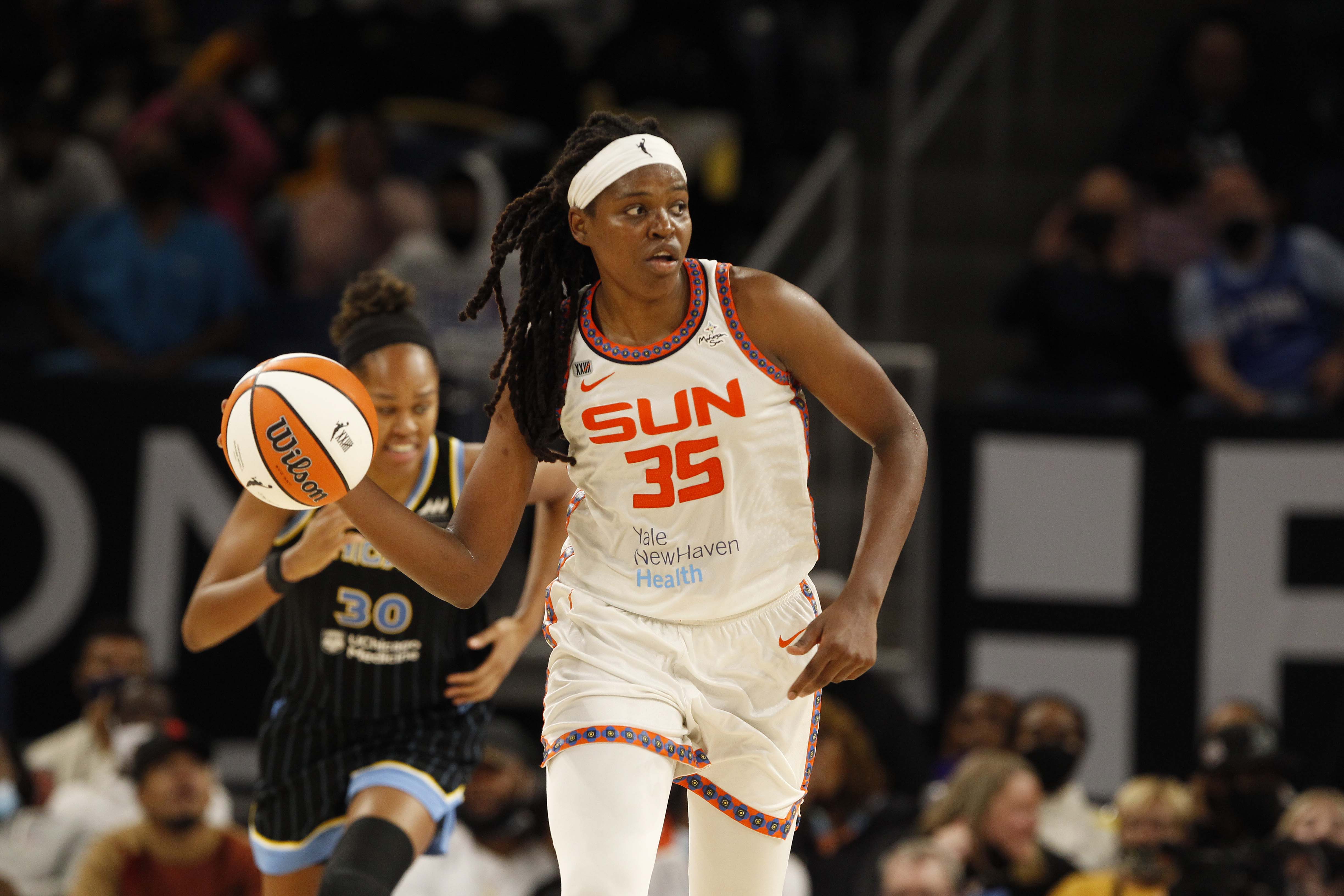Jonquel Jones #35 of the Connecticut Sun handles the ball during the game against the Chicago Sky during Game 4 of the 2021 WNBA Semifinals on October 6, 2021 at the Wintrust Arena in Chicago, Illinois.