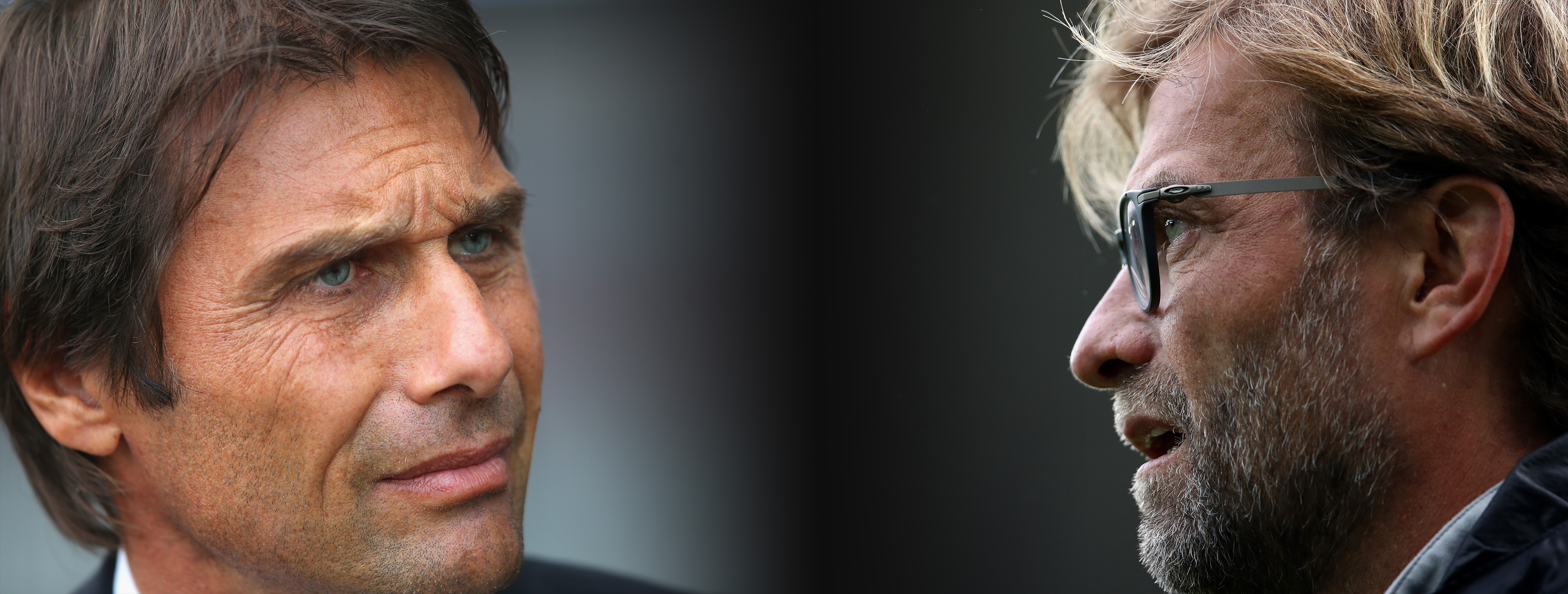 In this composite image a comparison has been made between Antonio Conte, manager of Spurs. and Jürgen Klopp. The men face each other with only their heads visible.