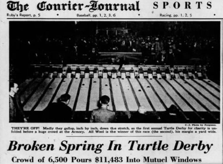 Page 5 of the Courier Journal sports section on May 6, 1945, featuring coverage of the first Kentucky Turtle Derby.