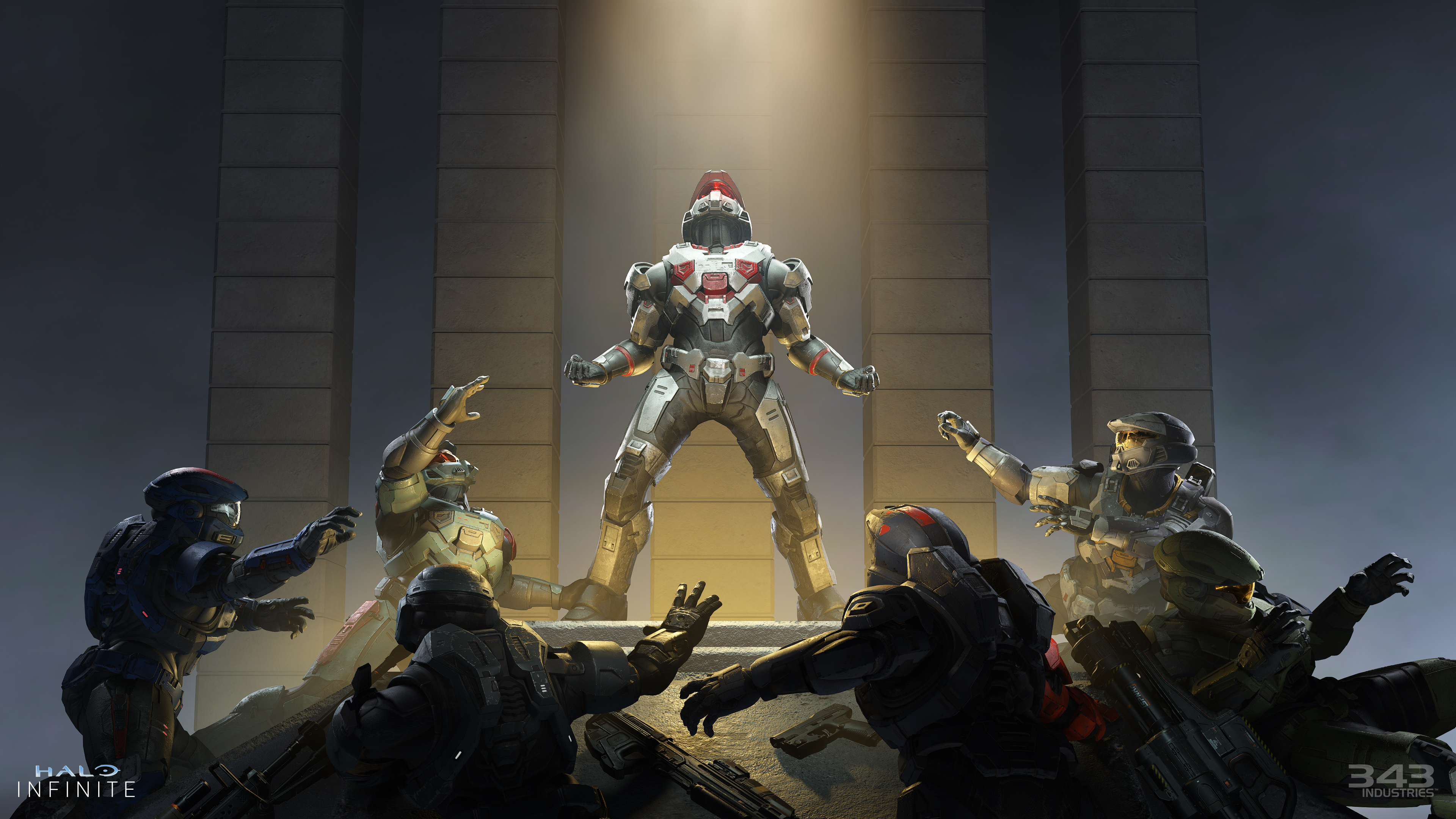 Artwork of seven Spartans battling for position in Halo Infinite’s King of the Hill mode