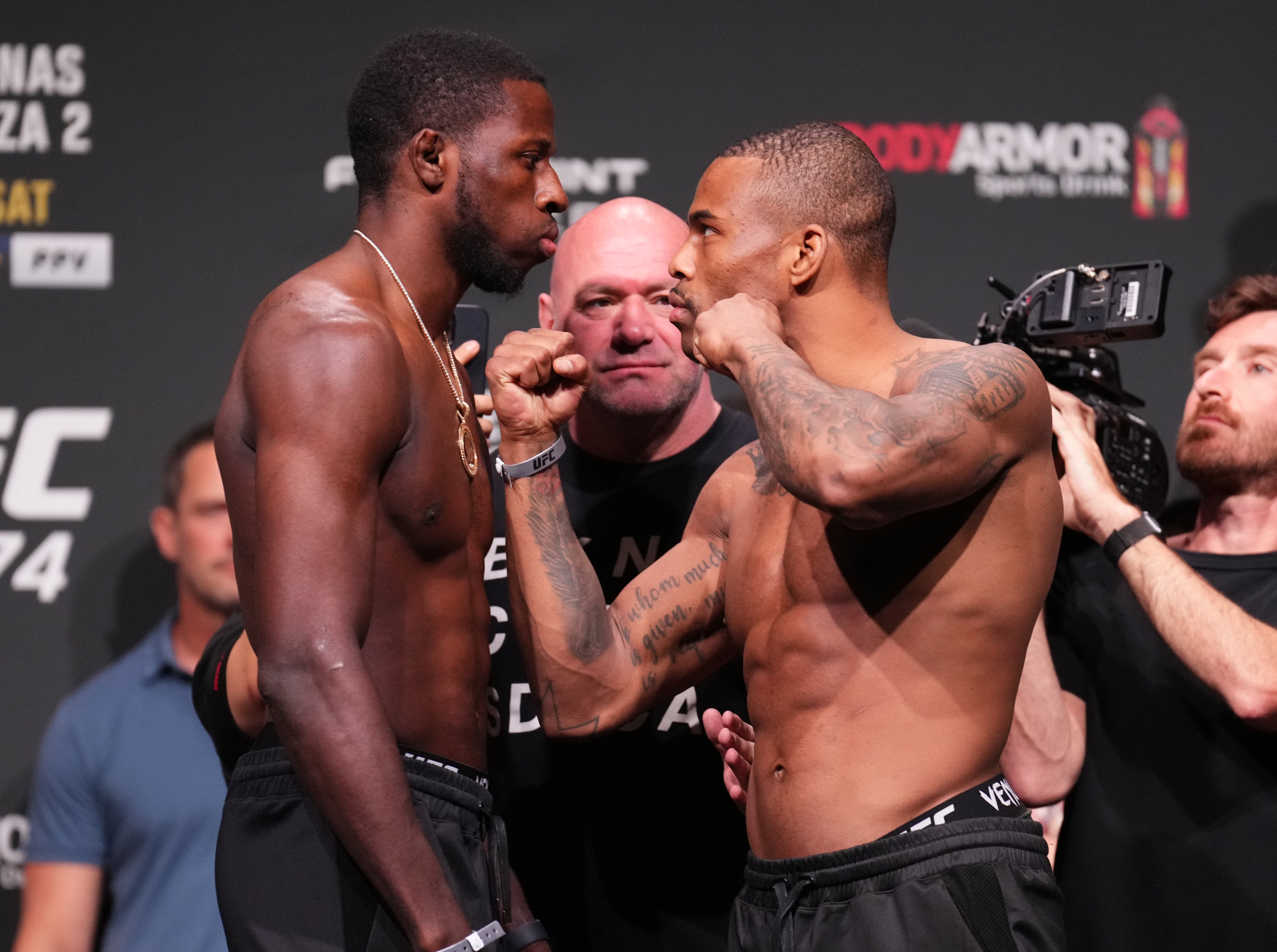Randy Brown and Khaos Williams face off during the UFC 274 ceremonial weigh-in at the Arizona Federal Theatre on May 06, 2022 in Phoenix, Arizona.