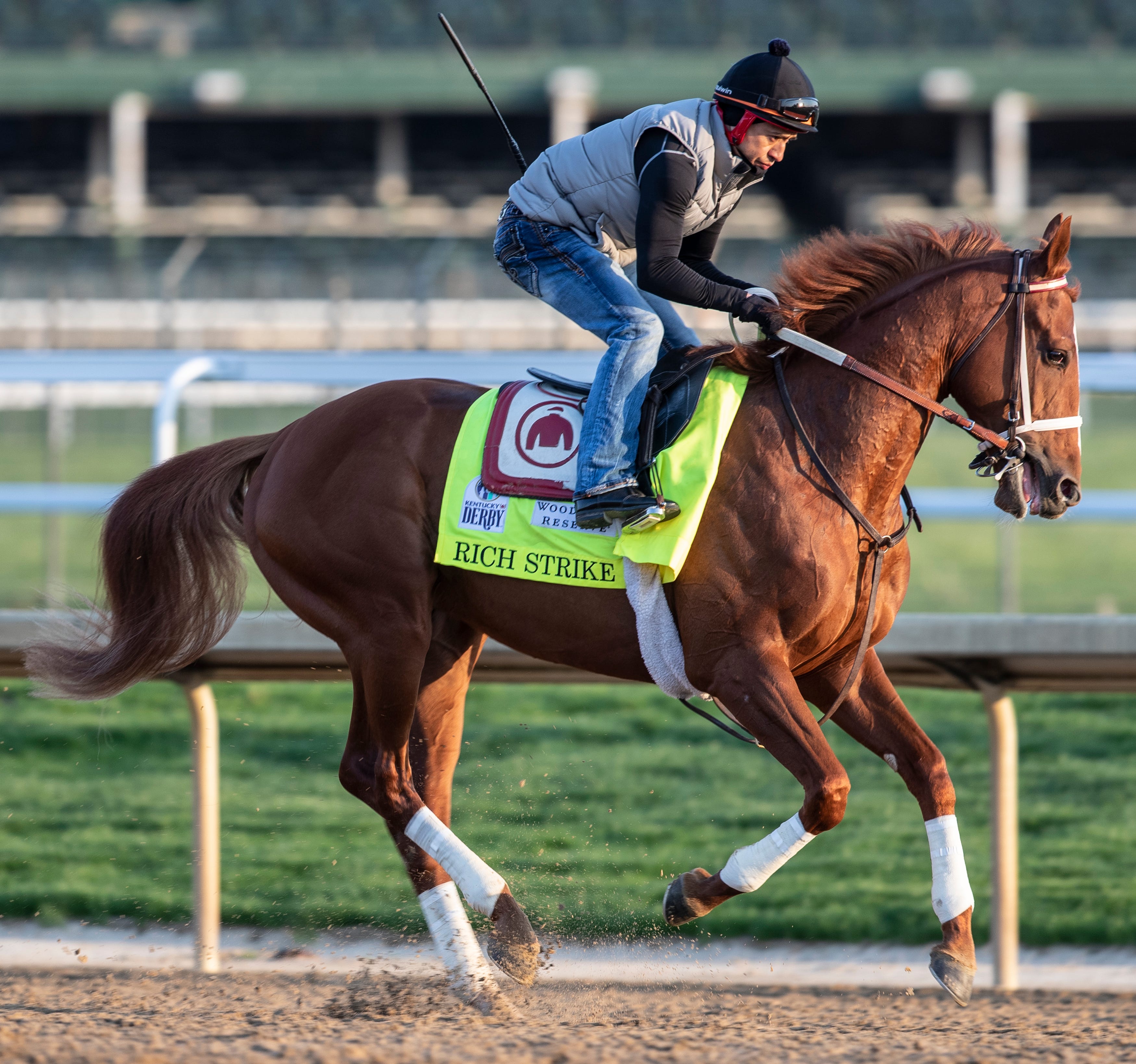 Kentucky Derby hopeful Rich Strike gallops in the morning at Churchill Downs.