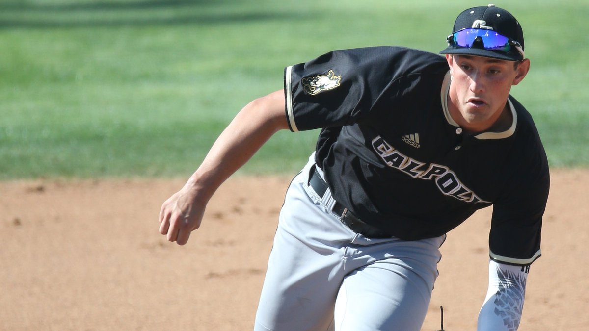 Cal Poly shortstop Brooks Lee charges a ground ball