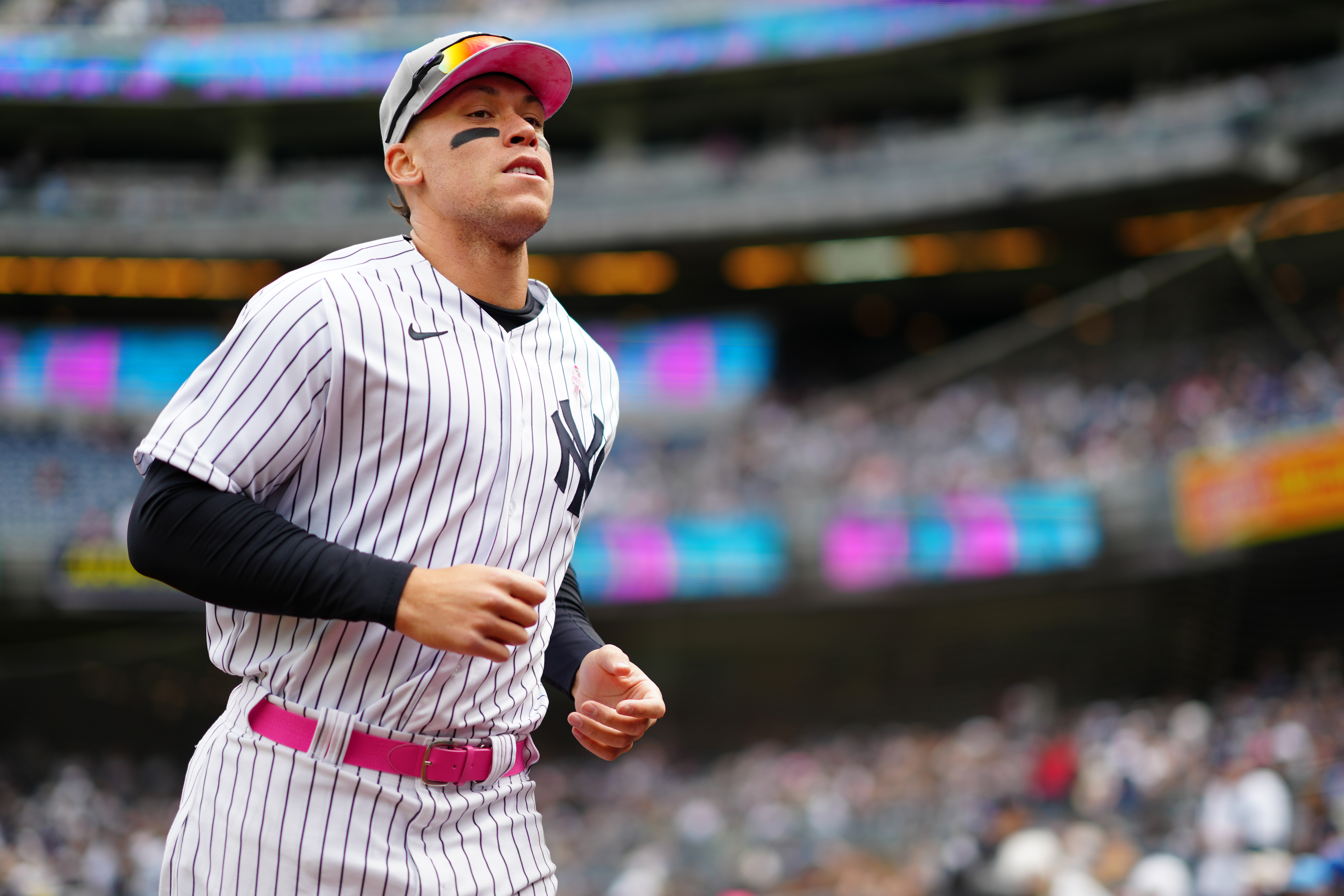 Aaron Judge #99 of the New York Yankees warms up prior to the game between the Texas Rangers and the New York Yankees at Yankee Stadium on Sunday, May 8, 2022 in New York, New York.