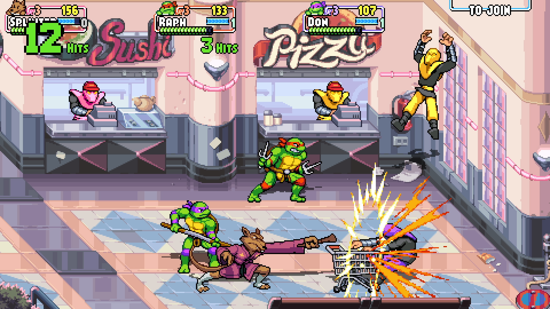Splinter, Raphael, and Donatello fight in a food court in a screenshot from Teenage Mutant Ninja Turtles: Shredder’s Revenge