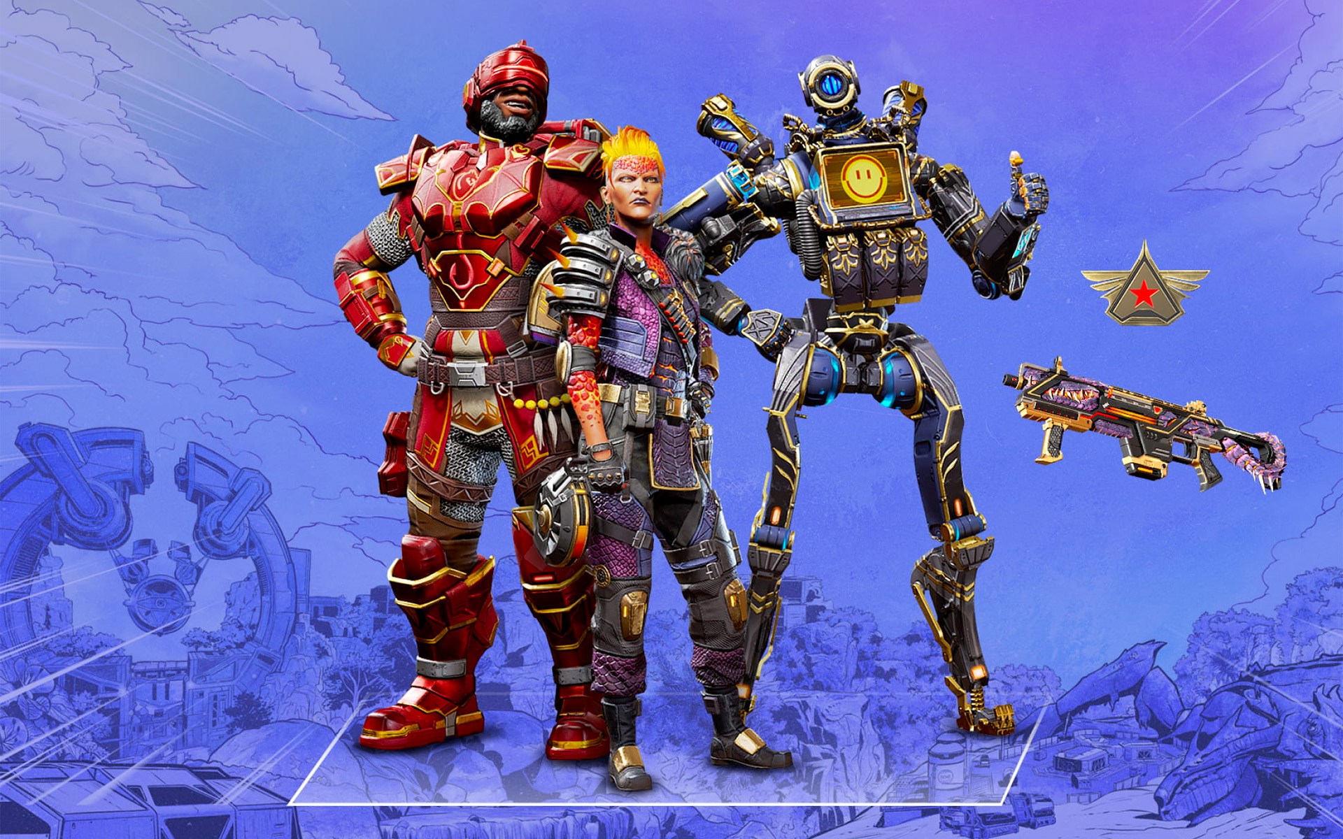 Cosmetics for Newcastle, Mad Maggie, and Pathfinder from Apex Legends season 13