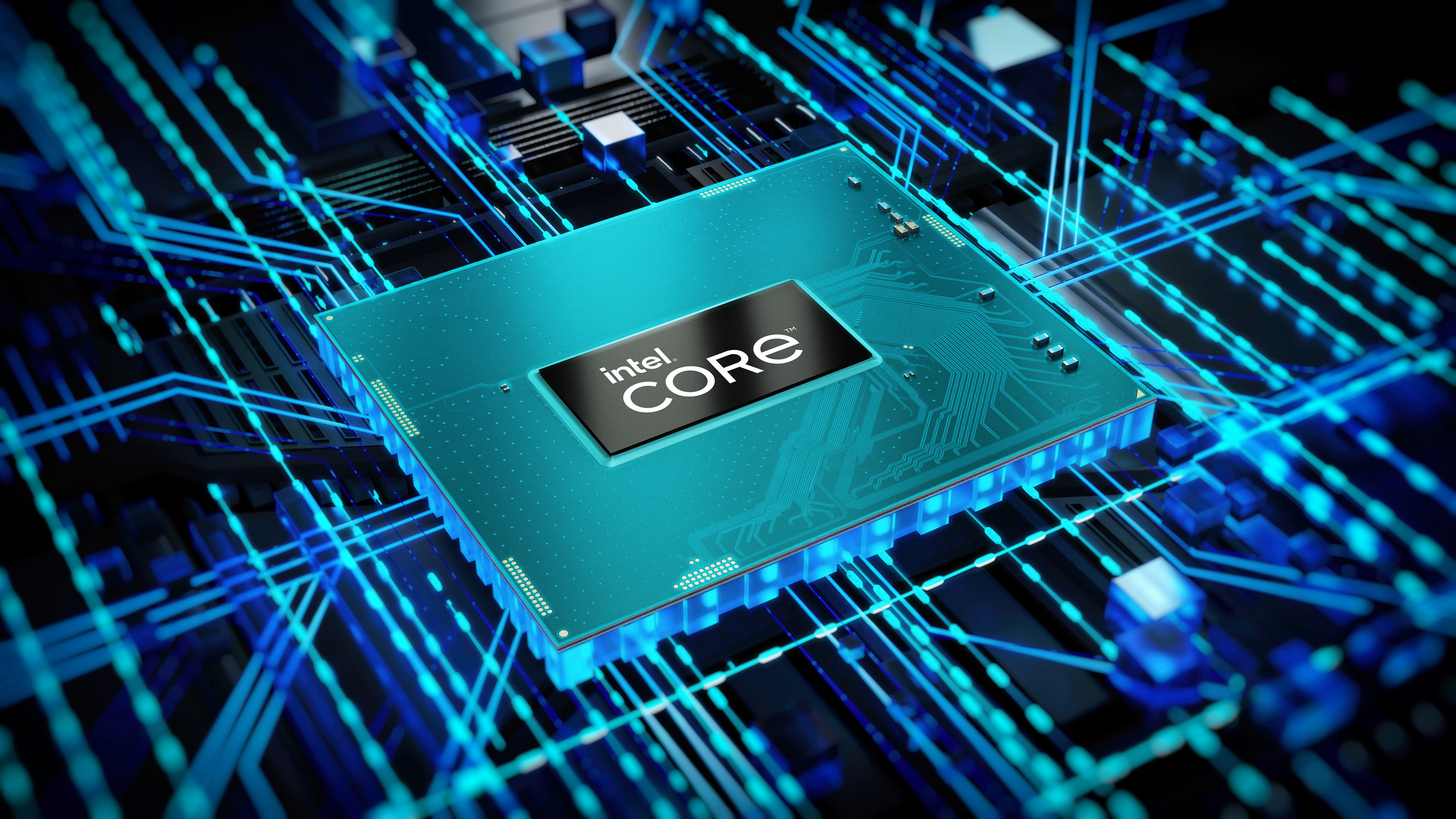 A mobile processor that reads “Intel Core” on a background of illuminated blue and green nodes.