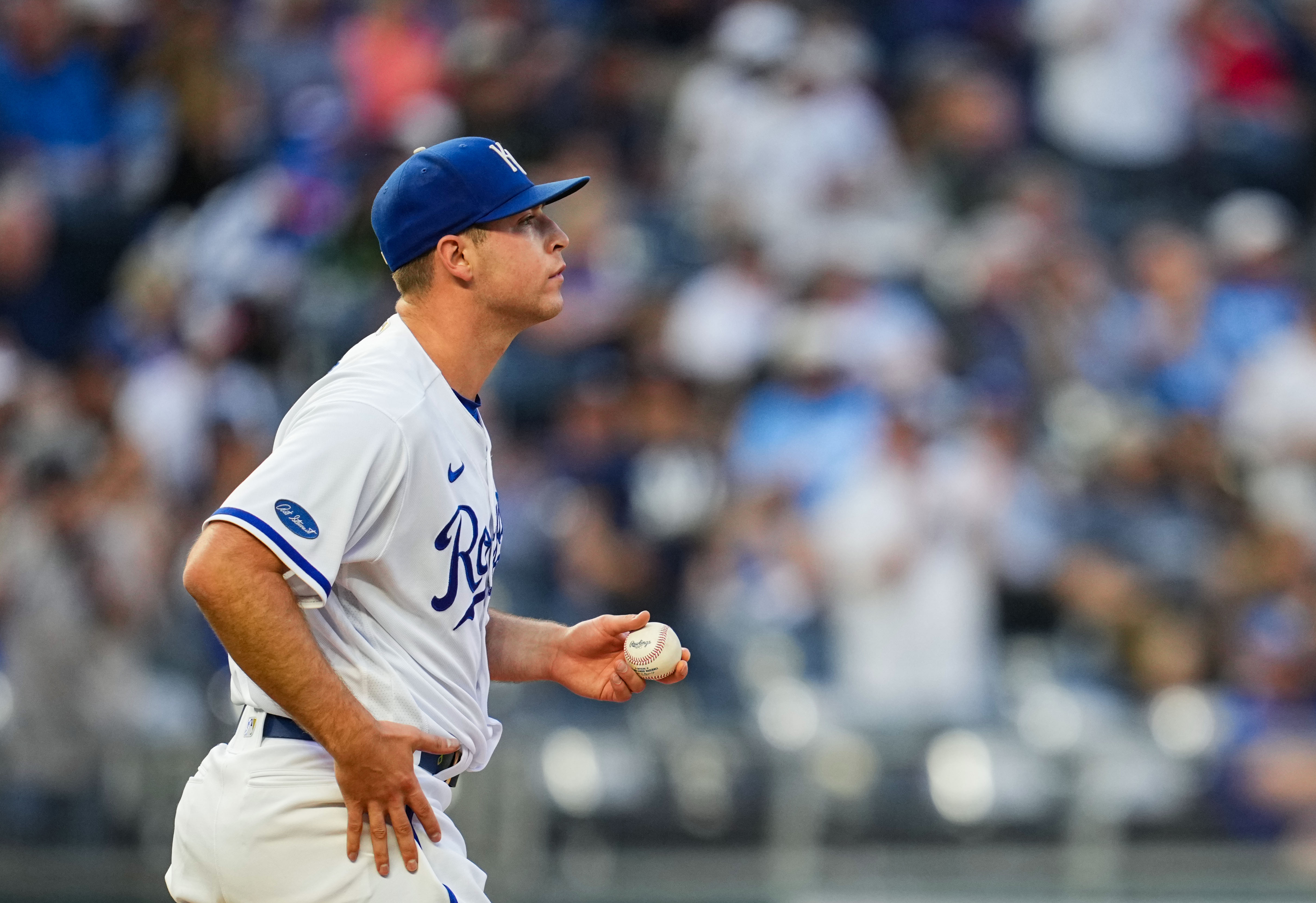 Kansas City Royals starting pitcher Kris Bubic (50) reacts after giving up a home run to New York Yankees right fielder Giancarlo Stanton (not pictured) during the first inning at Kauffman Stadium.