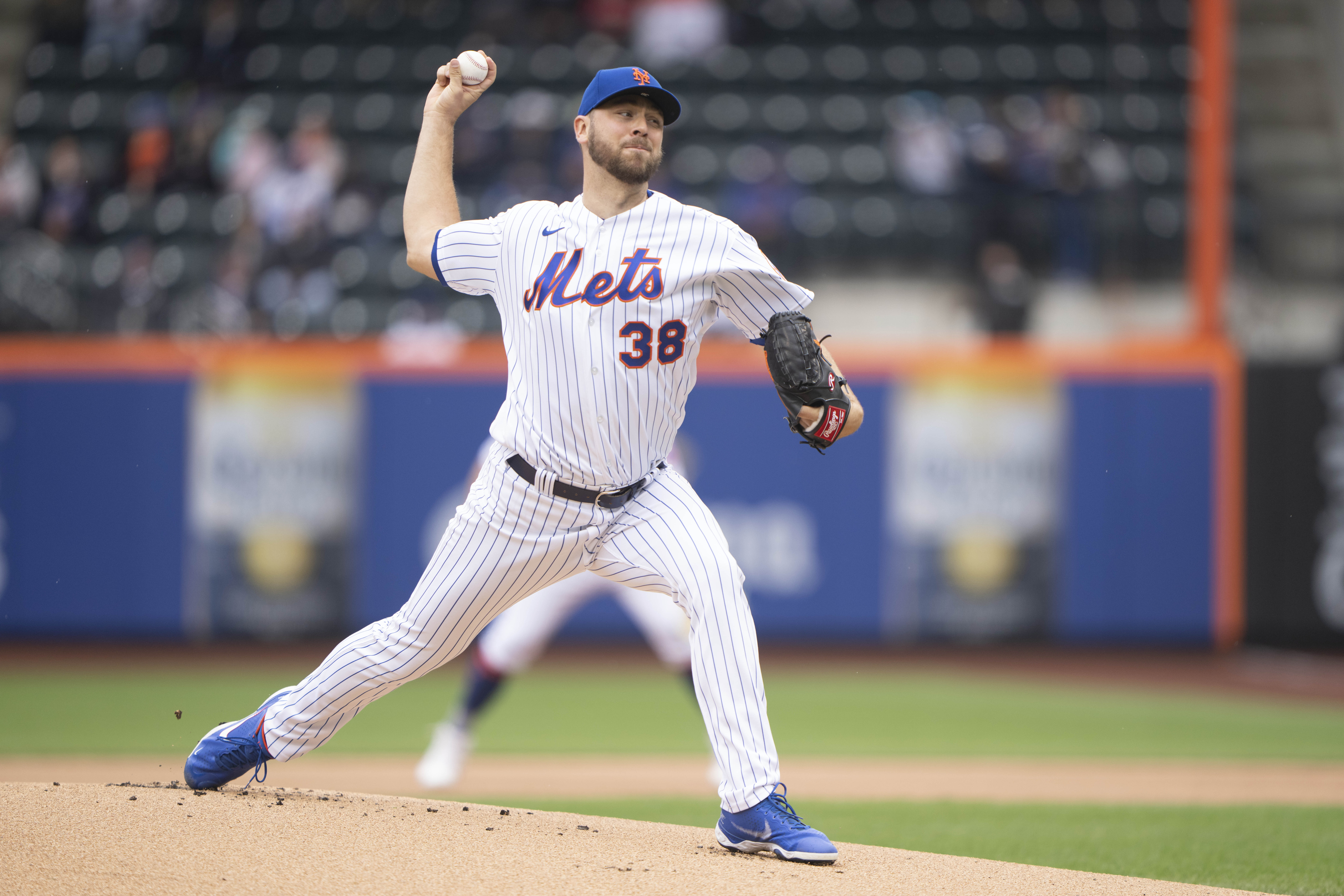 New York Mets pitcher Tylor Megill (38) delivers a pitch against the Atlanta Braves during the first inning at Citi Field.