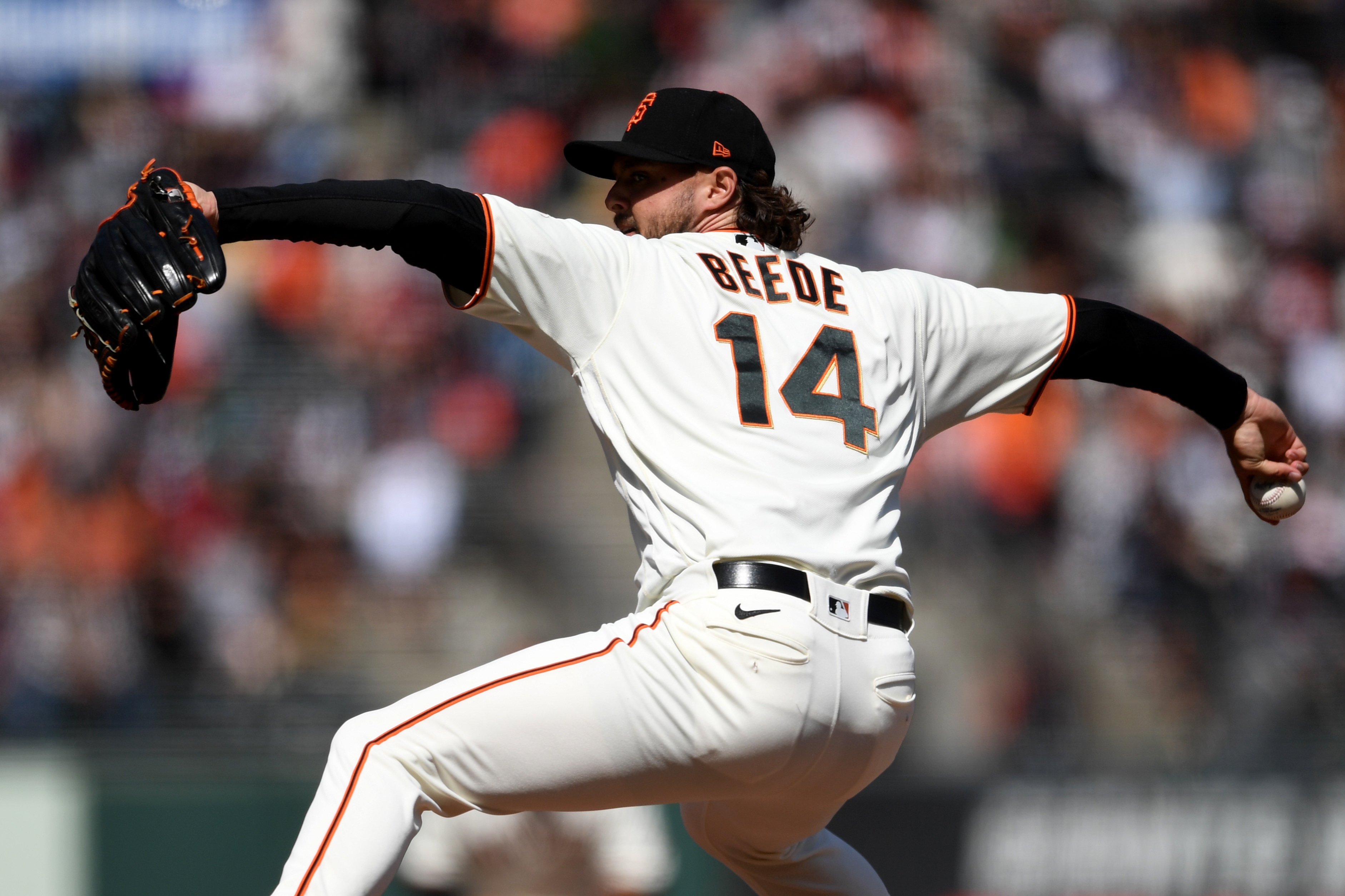 A photo of Tyler Beede, mid-throw