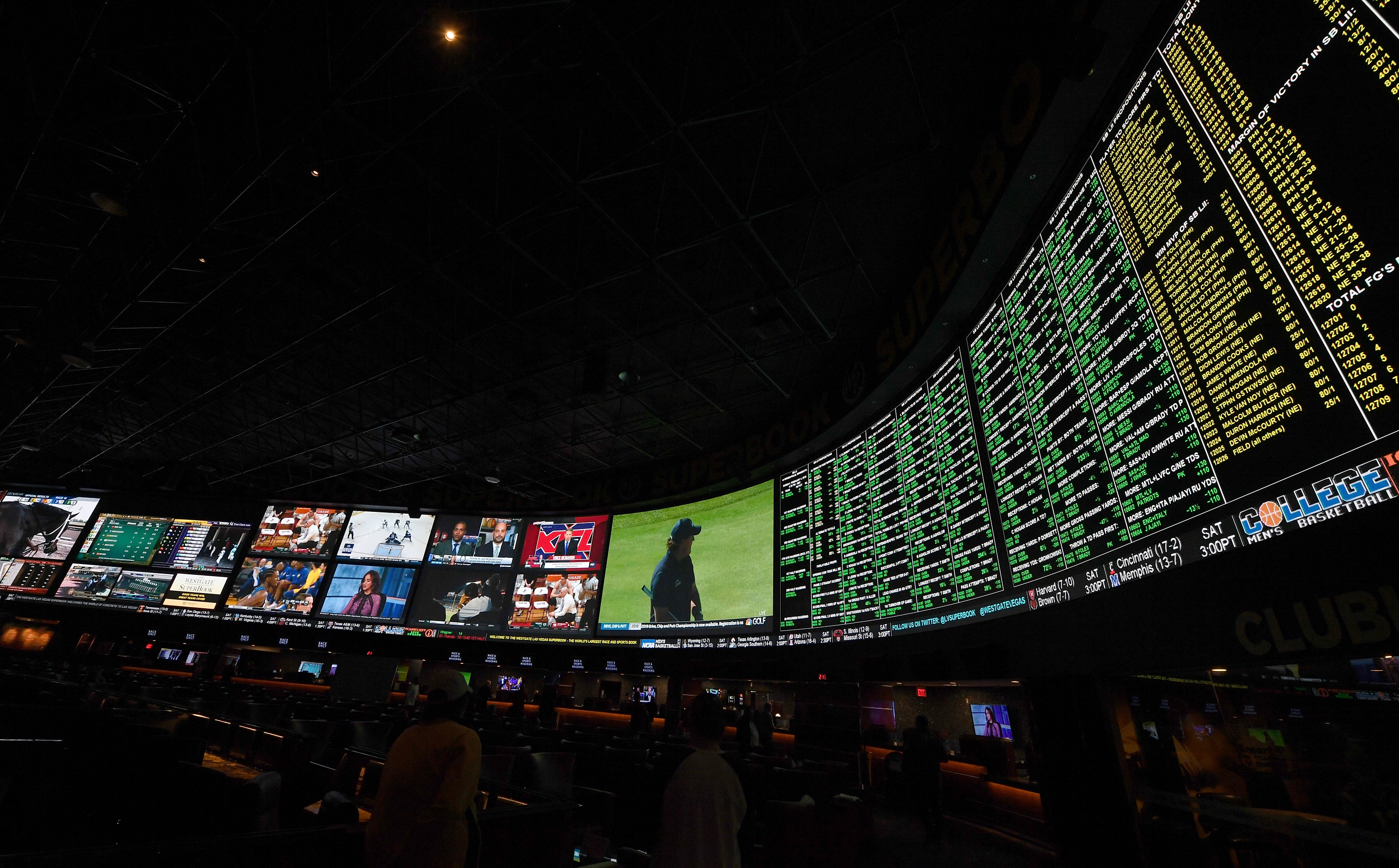 Some of the more than 400 proposition bets for Super Bowl LI between the Philadelphia Eagles and the New England Patriots are displayed at the Race &amp; Sports SuperBook at the Westgate Las Vegas Resort &amp; Casino on January 26, 2018 in Las Vegas, Nevada.