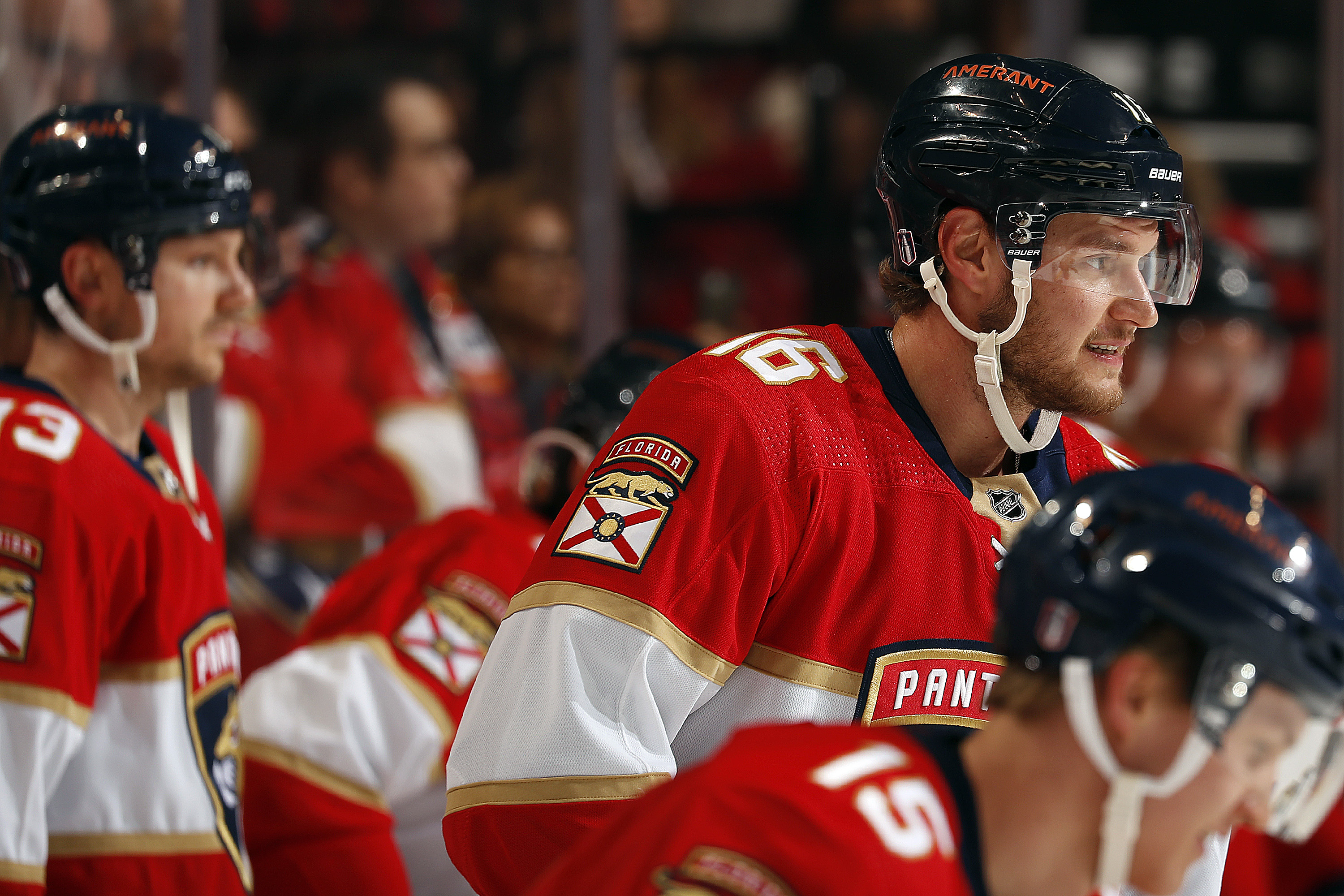Aleksander Barkov #16 of the Florida Panthers skates the ice with teammates during warm ups prior to hosting the Washington Capitals in Game Five of the First Round of the 2022 Stanley Cup Playoffs at the FLA Live Arena on May 11, 2022 in Sunrise, Florida.