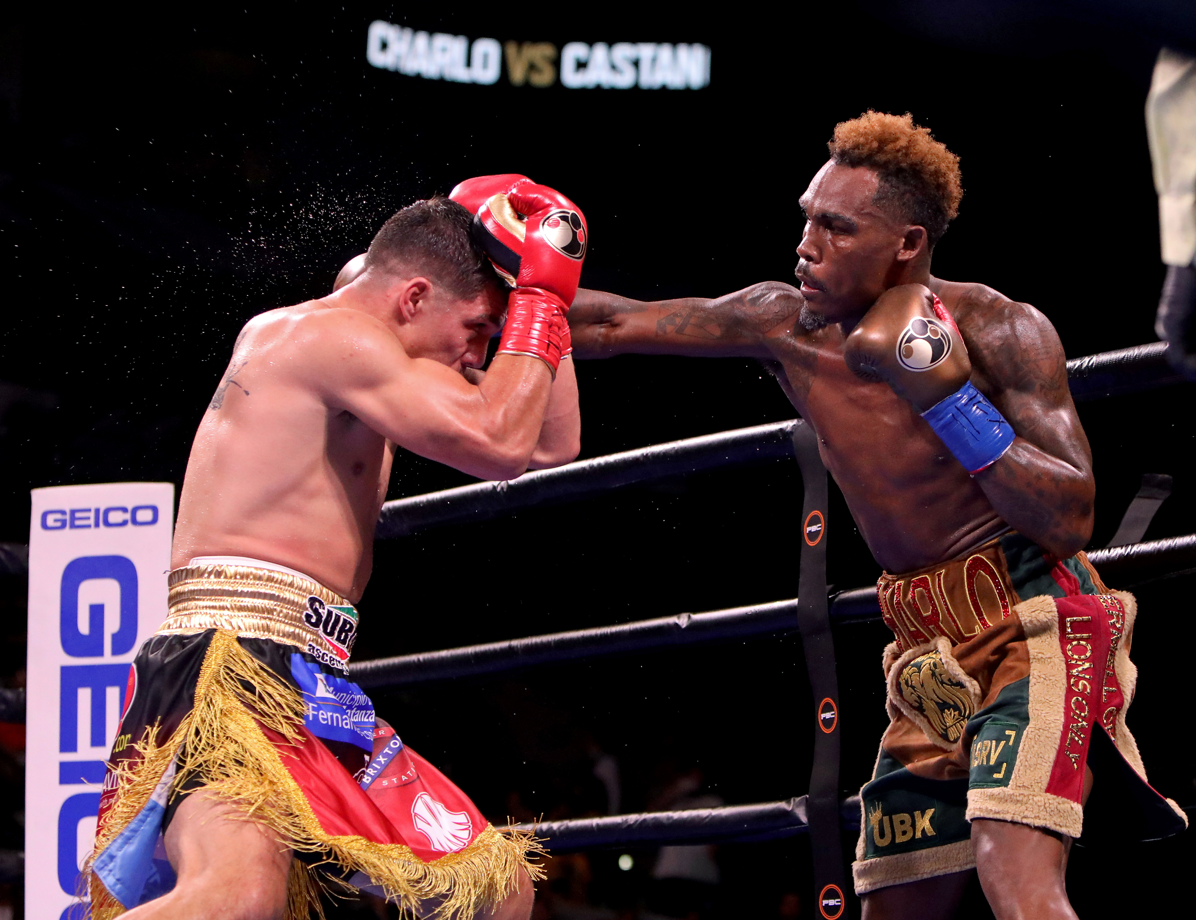 Jermell Charlo (R) and Brian Castano (L) exchange punches during their Super Welterweight fight at AT&amp;T Center on July 17, 2021 in San Antonio, Texas. The Jermell Charlo and Brian Castano fight ended in a split draw.