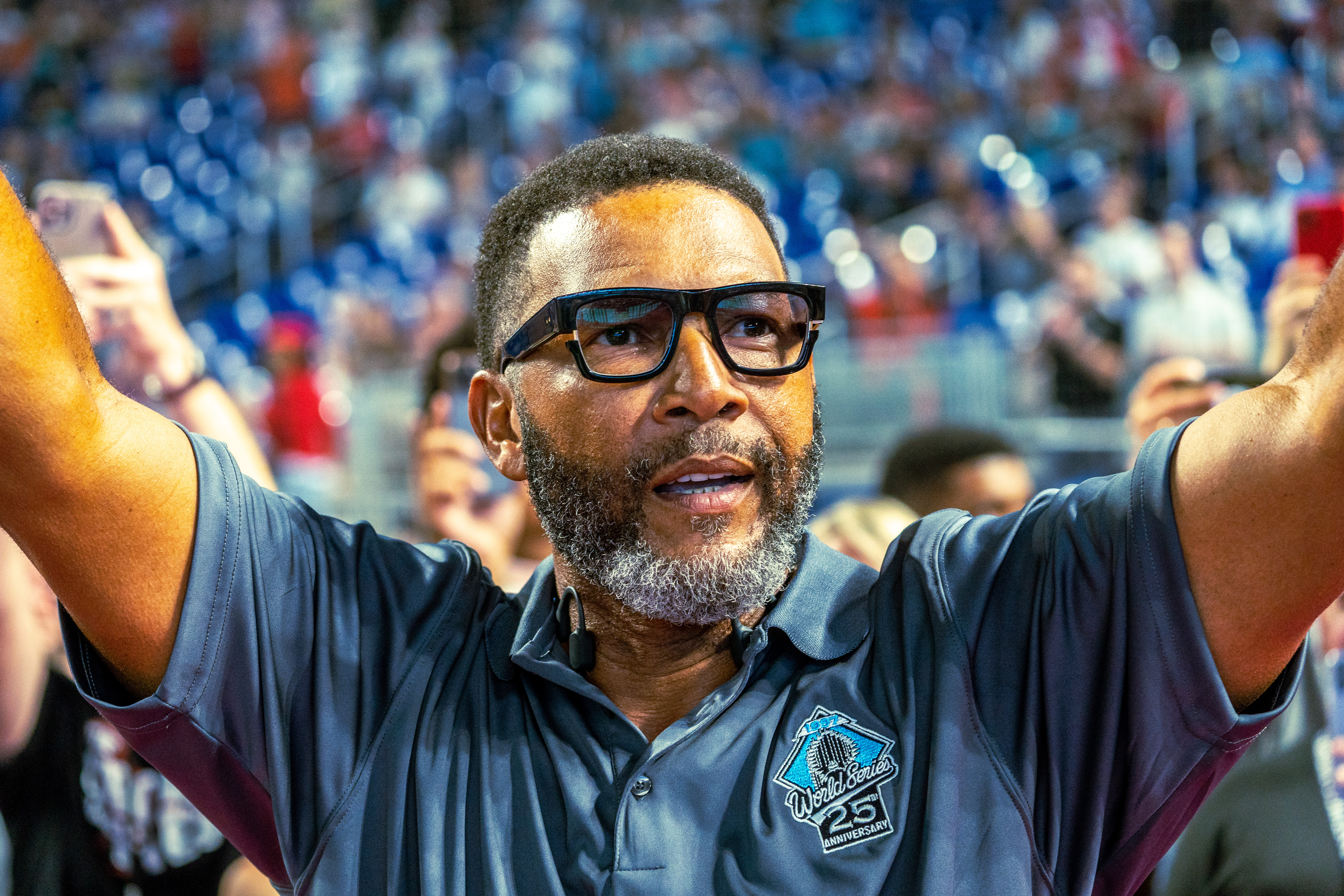 Gary Sheffield is introduced at LoanDepot Park during the 25th anniversary celebration of the 1997 Florida Marlins World Series championship
