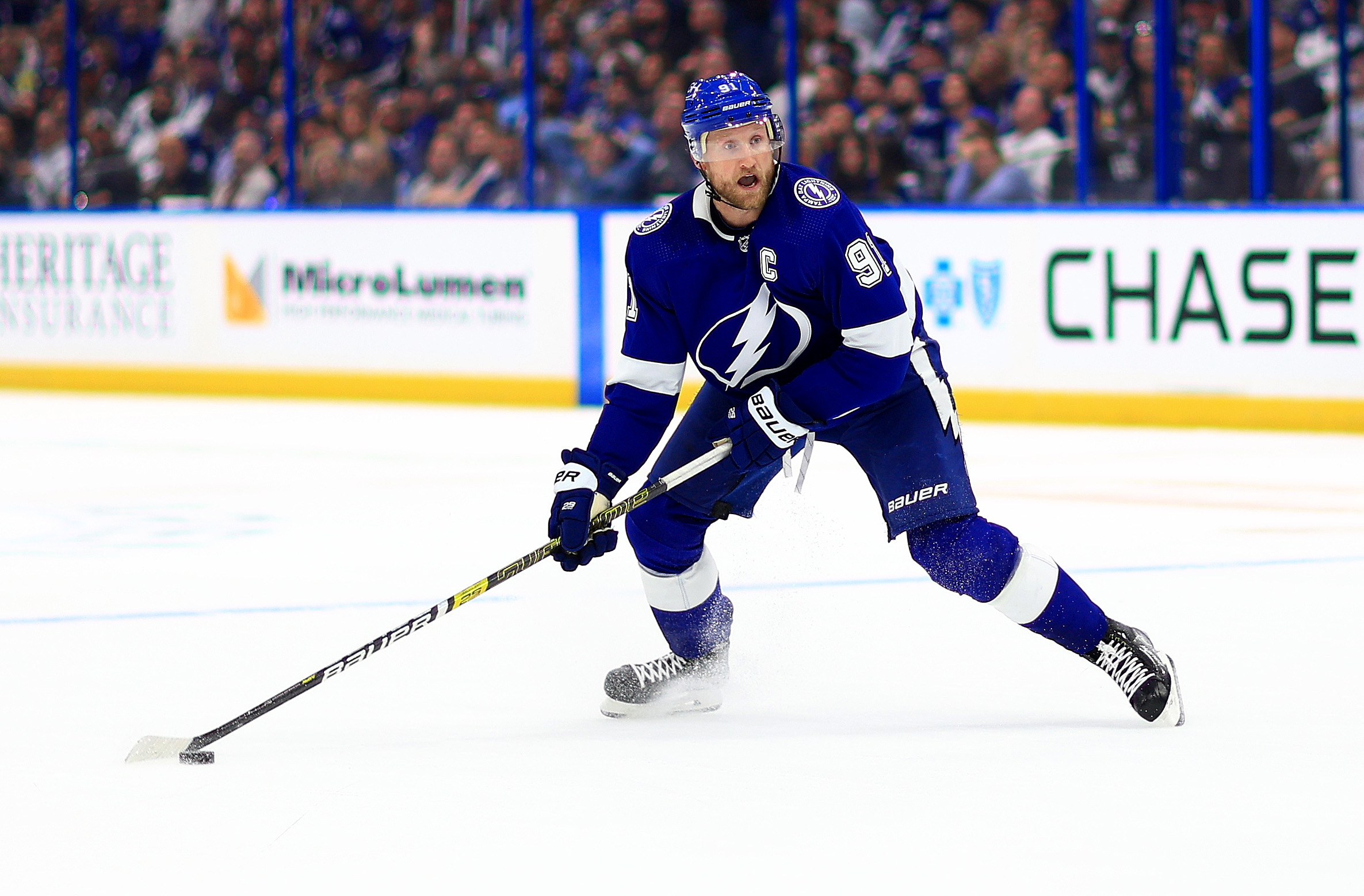 Steven Stamkos #91 of the Tampa Bay Lightning shoots in the second period during Game Five of the First Round of the 2022 Stanley Cup Playoffs against the Toronto Maple Leafs at Amalie Arena on May 12, 2022 in Tampa, Florida.