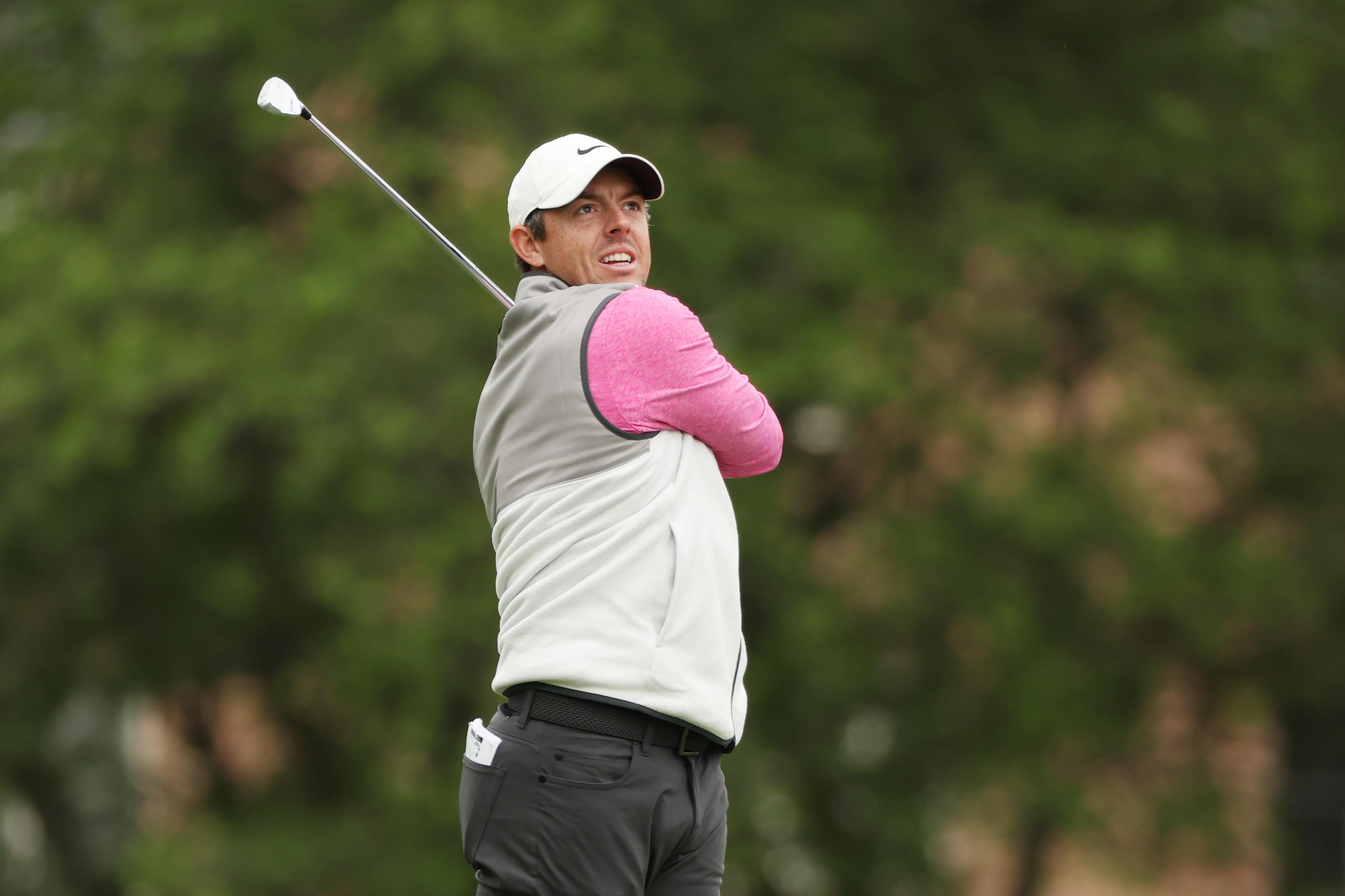 Rory McIlroy of Northern Ireland plays his second shot on the 16th hole during the final round of the Wells Fargo Championship at TPC Potomac at Avenel Farm on May 08, 2022 in Potomac, Maryland.