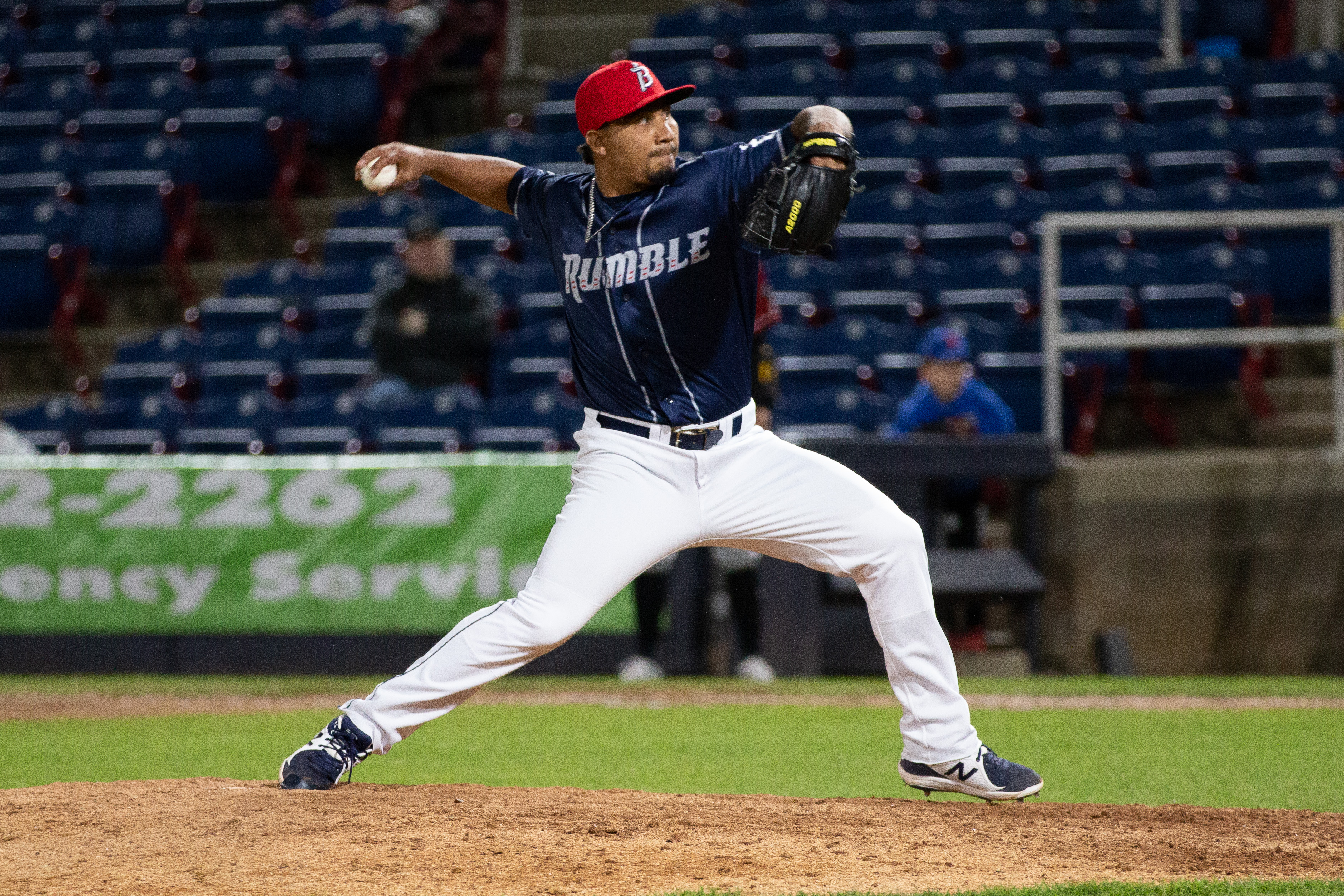 Yeizo Campos throws a pitch during a Binghamton Rumble Ponies game on May 13, 2021.