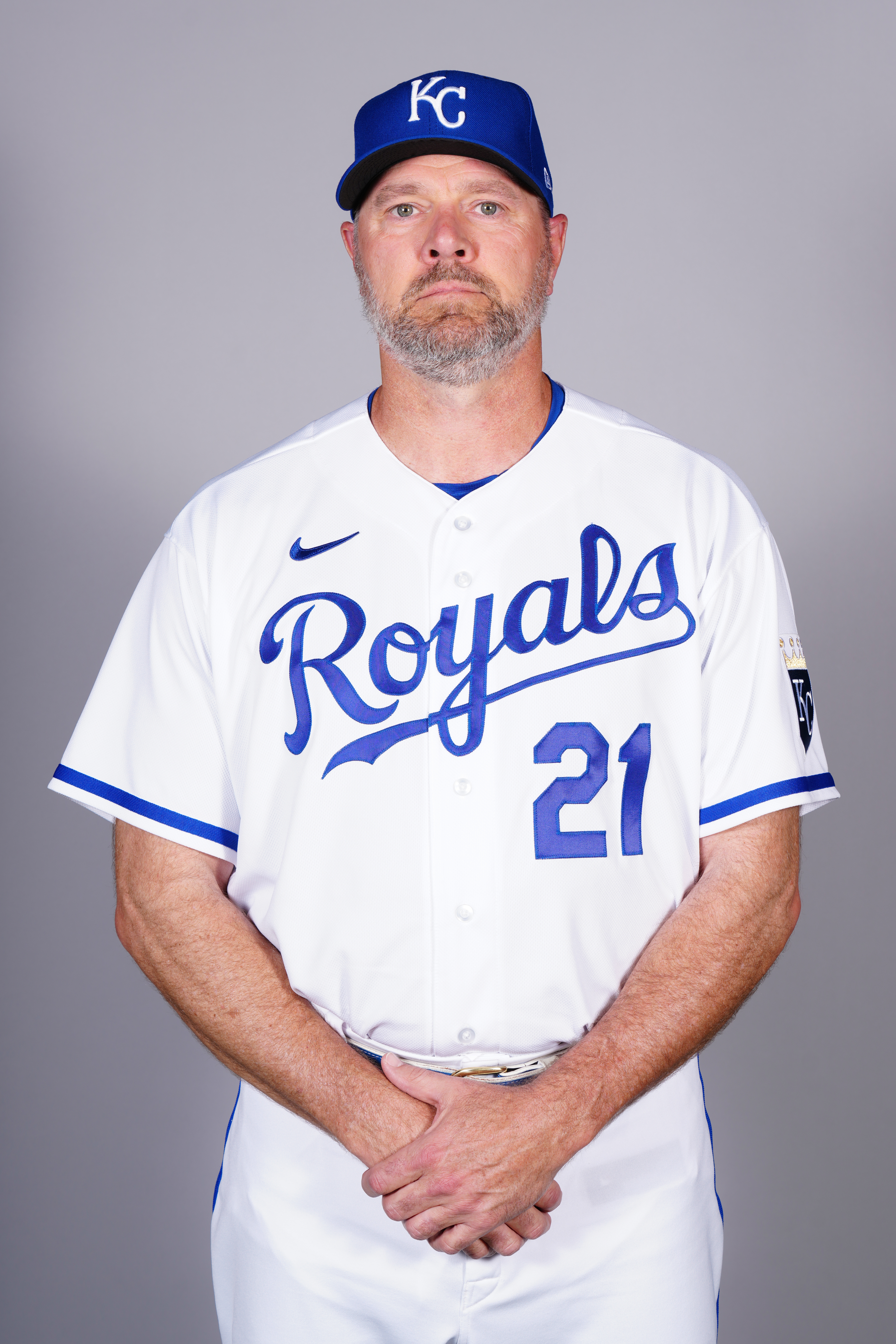 Cal Eldred looks like he’s taking a mug shot or lined up before a firing squad during Kansas City Royals Photo Day