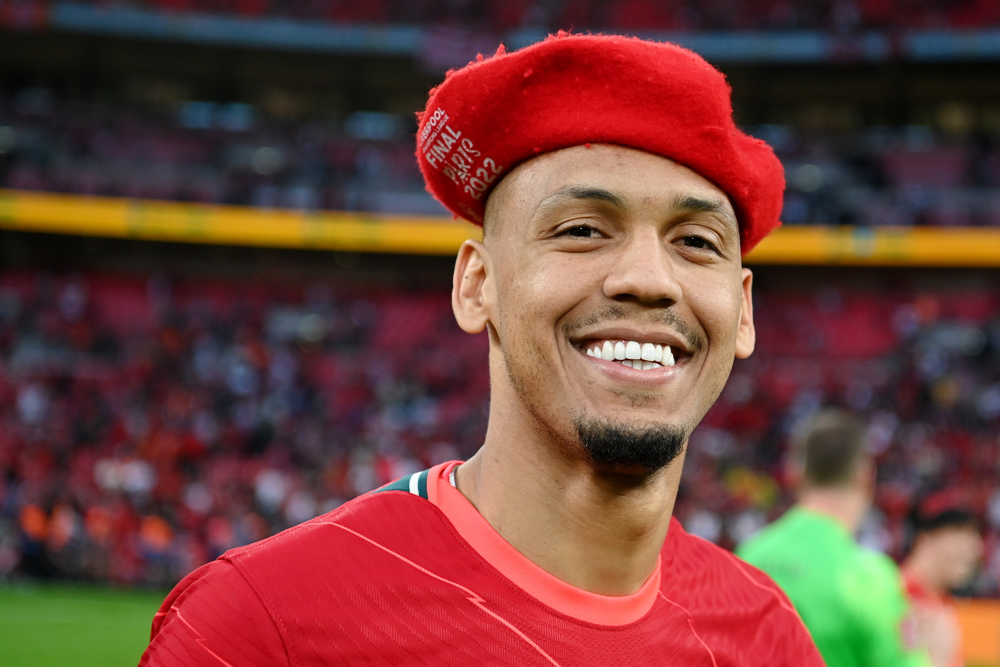 Fabinho of Liverpool celebrates (while wearing a beret) following their team’s victory in the penalty shoot out during The FA Cup Final match between Chelsea and Liverpool at Wembley Stadium on May 14, 2022 in London, England.