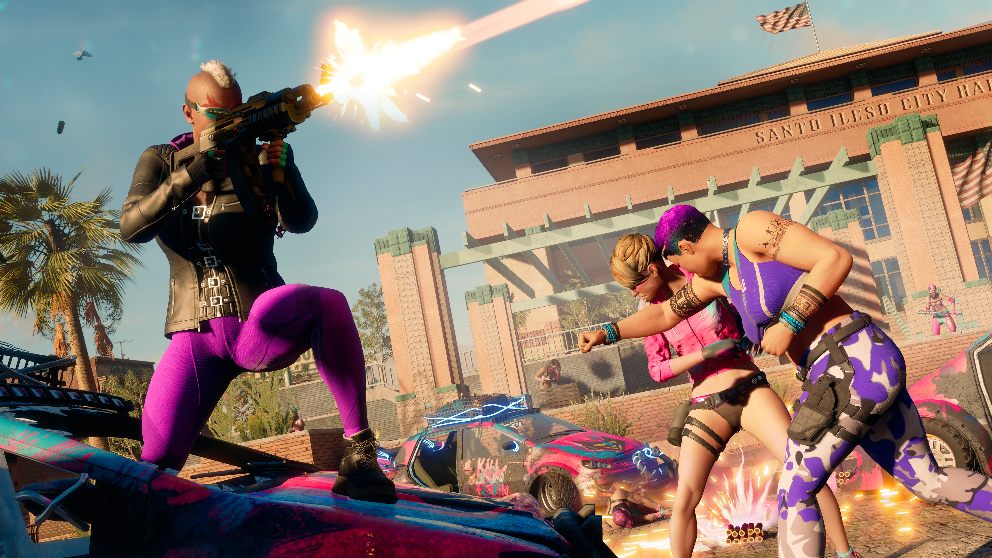 A shooter fires a gun on the roof of a car while two men have a fistfight nearby in a screenshot from Saints Row (2022).