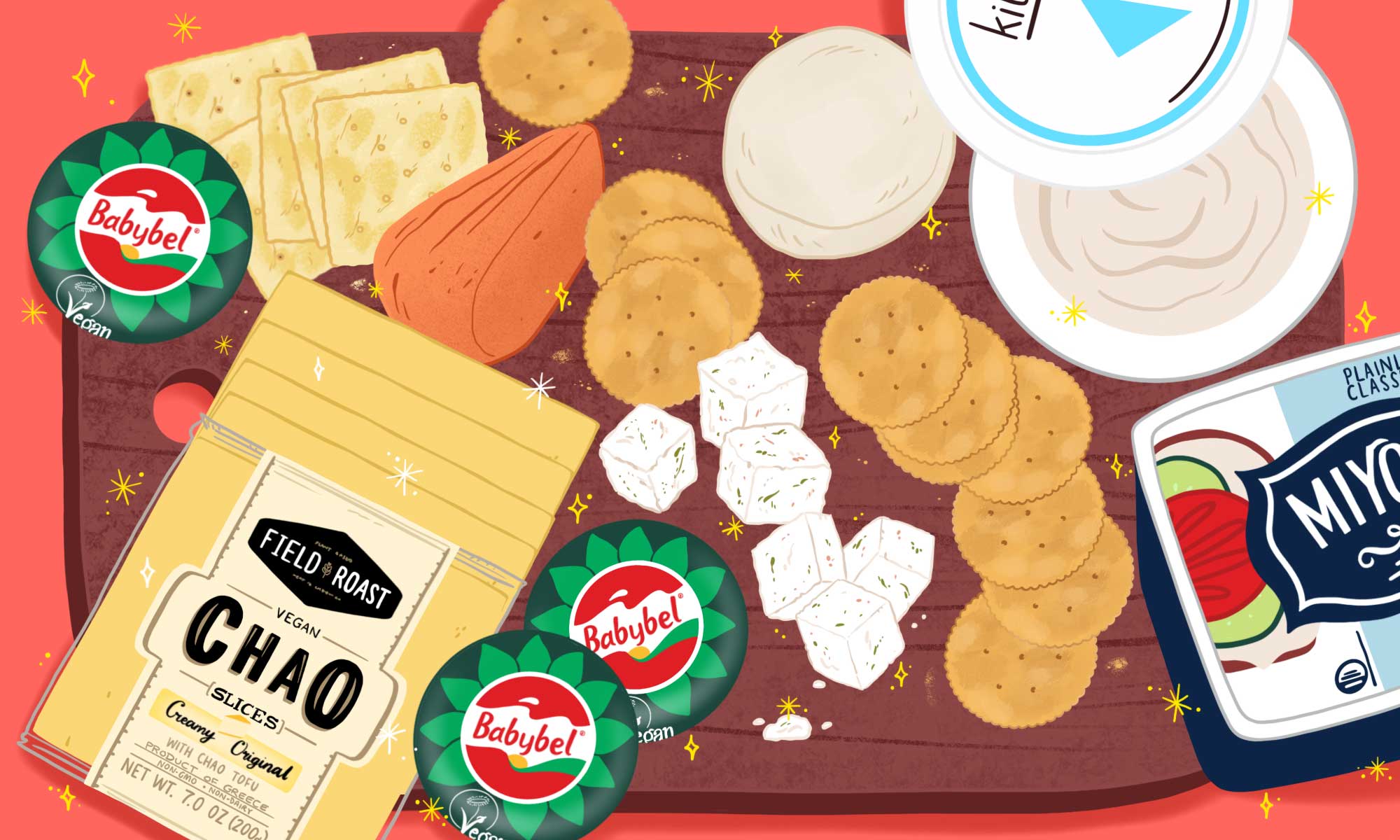 Illustration of various pieces of cheese on a board, with some in their packaging alongside.