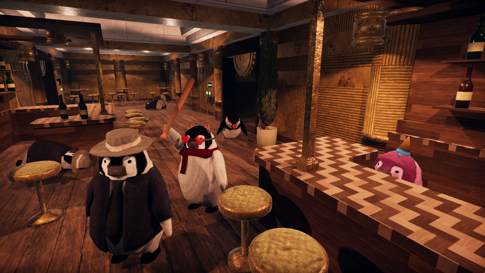 a bunch of wiley penguins hanging out a saloon. there is a bar tender penguin that you can barely see over the height of the bar.