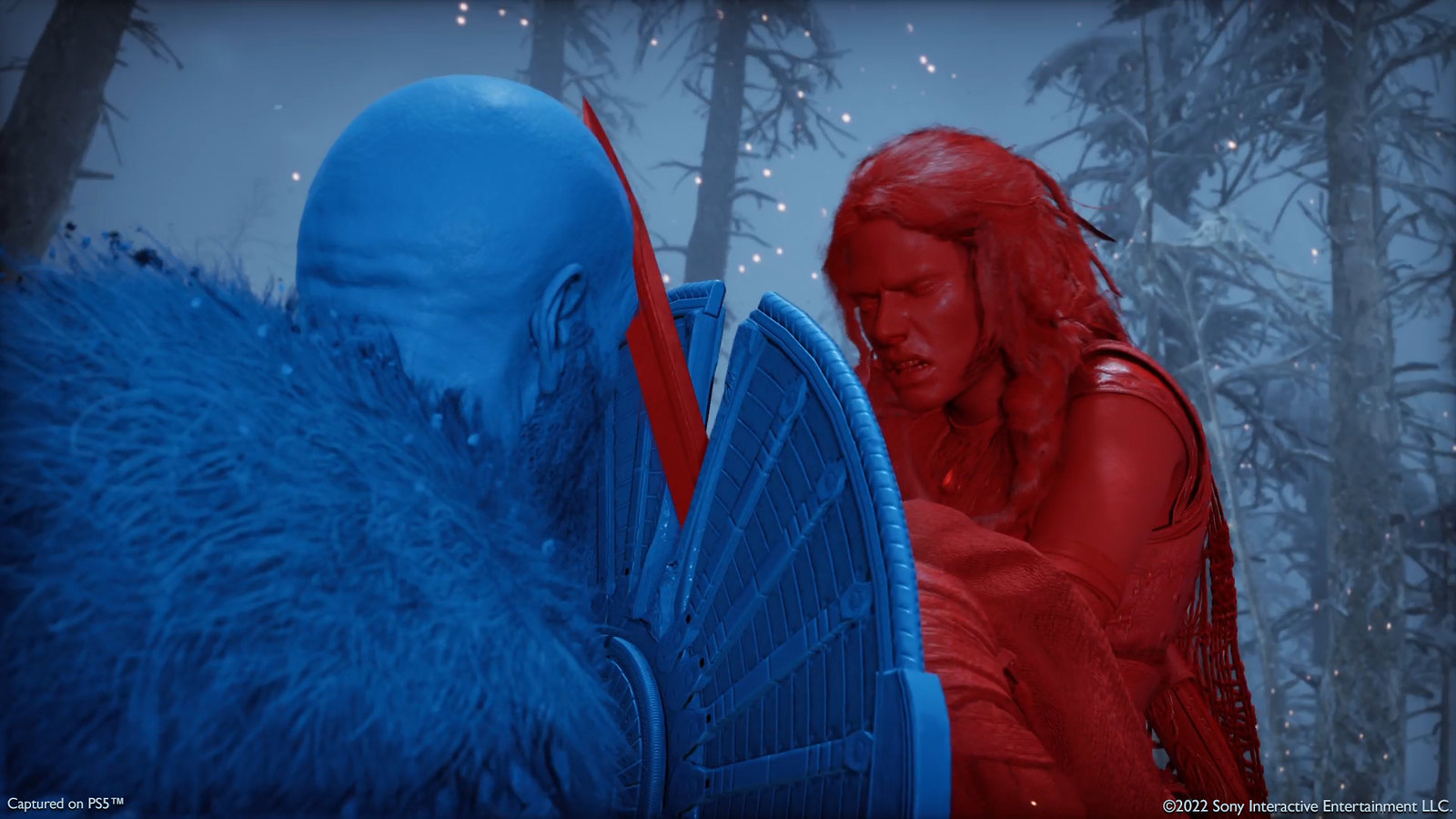 Kratos blocks the sword of Frigg in a screenshot from God of War Ragnarok using its high-contrast color mode. In the image, Kratos is overlayed with a blue color, while Frigg is overlayed in red.