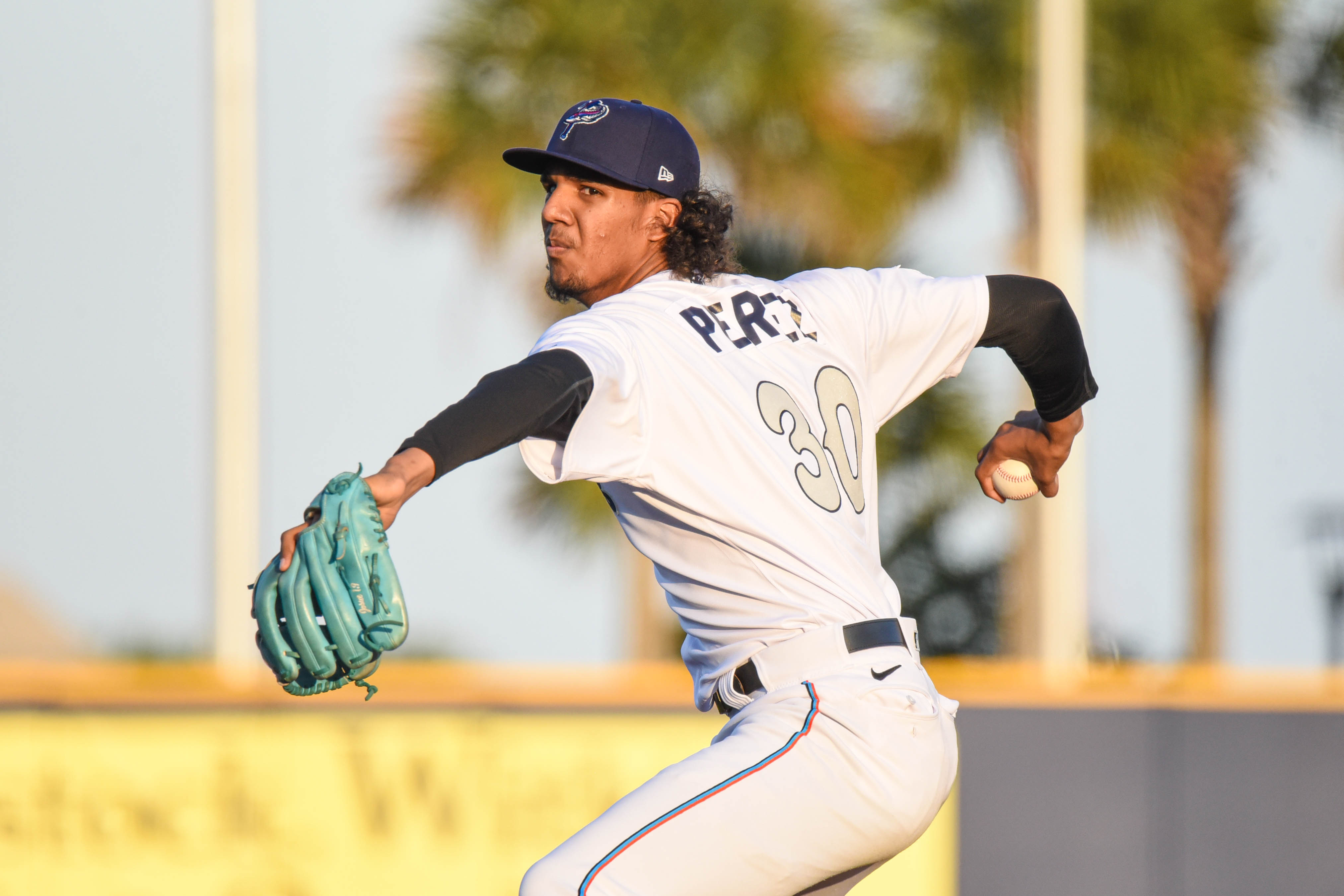 Marlins right-handed pitcher Eury Pérez pitching for the Double-A Pensacola Blue Wahoos at Blue Wahoos Stadium