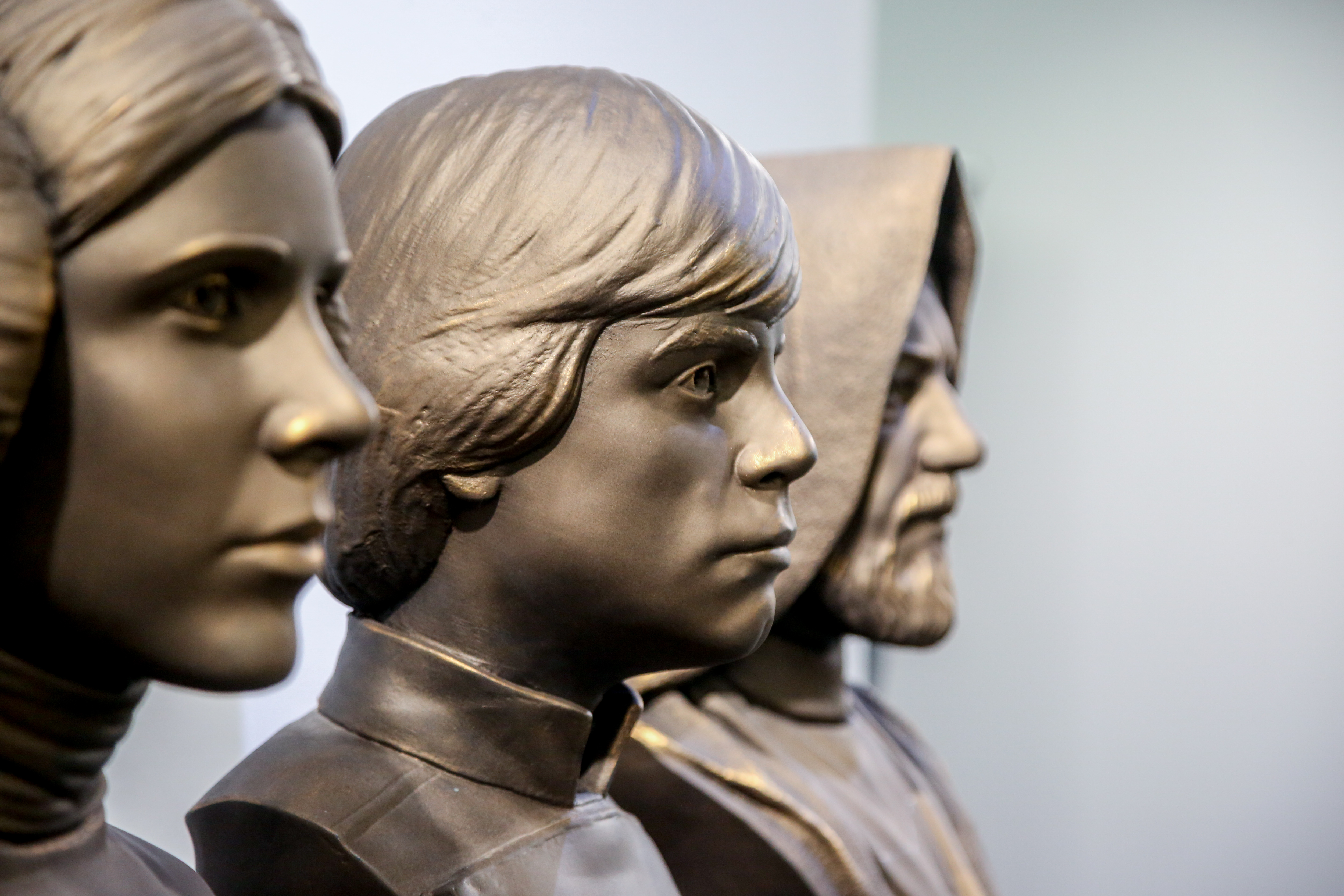 Busts, life-size and 3D printed, of Leia, Luke Skywalker, and Obi Wan Kenobi, from the ‘Star Wars’ universe, exhibited at the Auditorium and exhibition hall Paco de Lucia, in the district of Latina, April 3, 2022, in Madrid, Spain. This exhibition showcases the work of the Valladolid-born author Juan Villa, creator of sculptures and television props for such well-known programs as ‘Cuarto Milenio’.