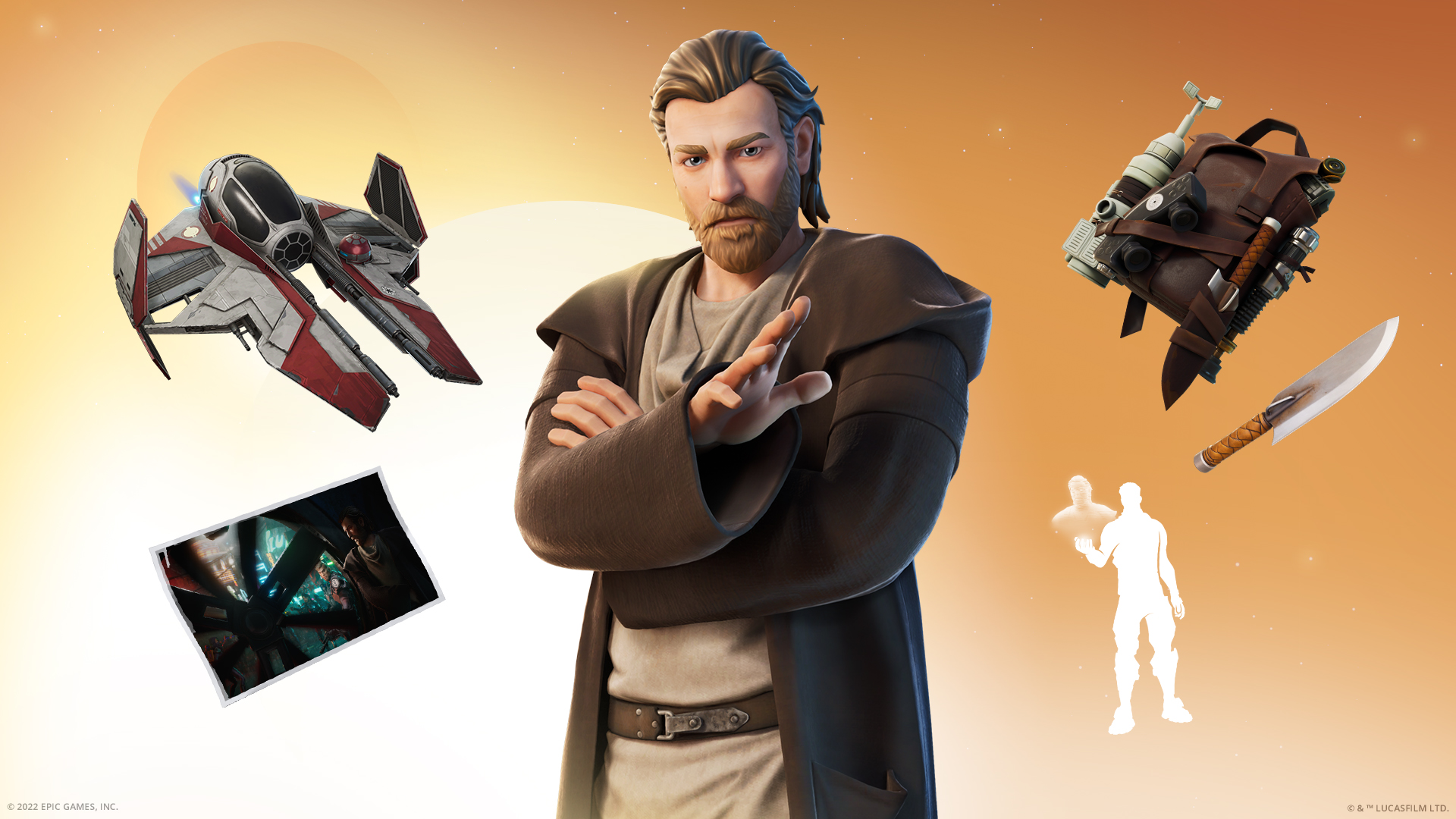 fortnite art showing the items available in the Obi-Wan Kenobi crossover bundle