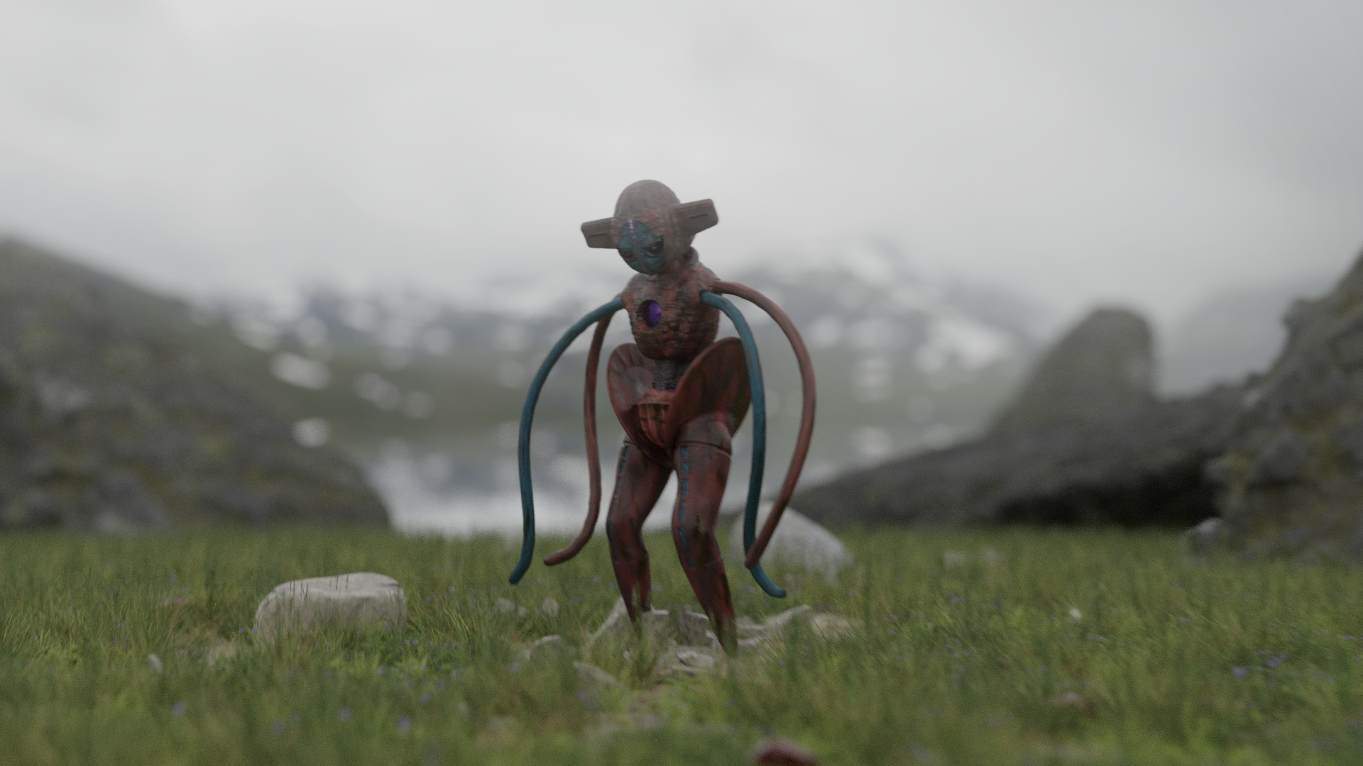 A 3D animated rendering of a Deoxys Pokémon standing in a field