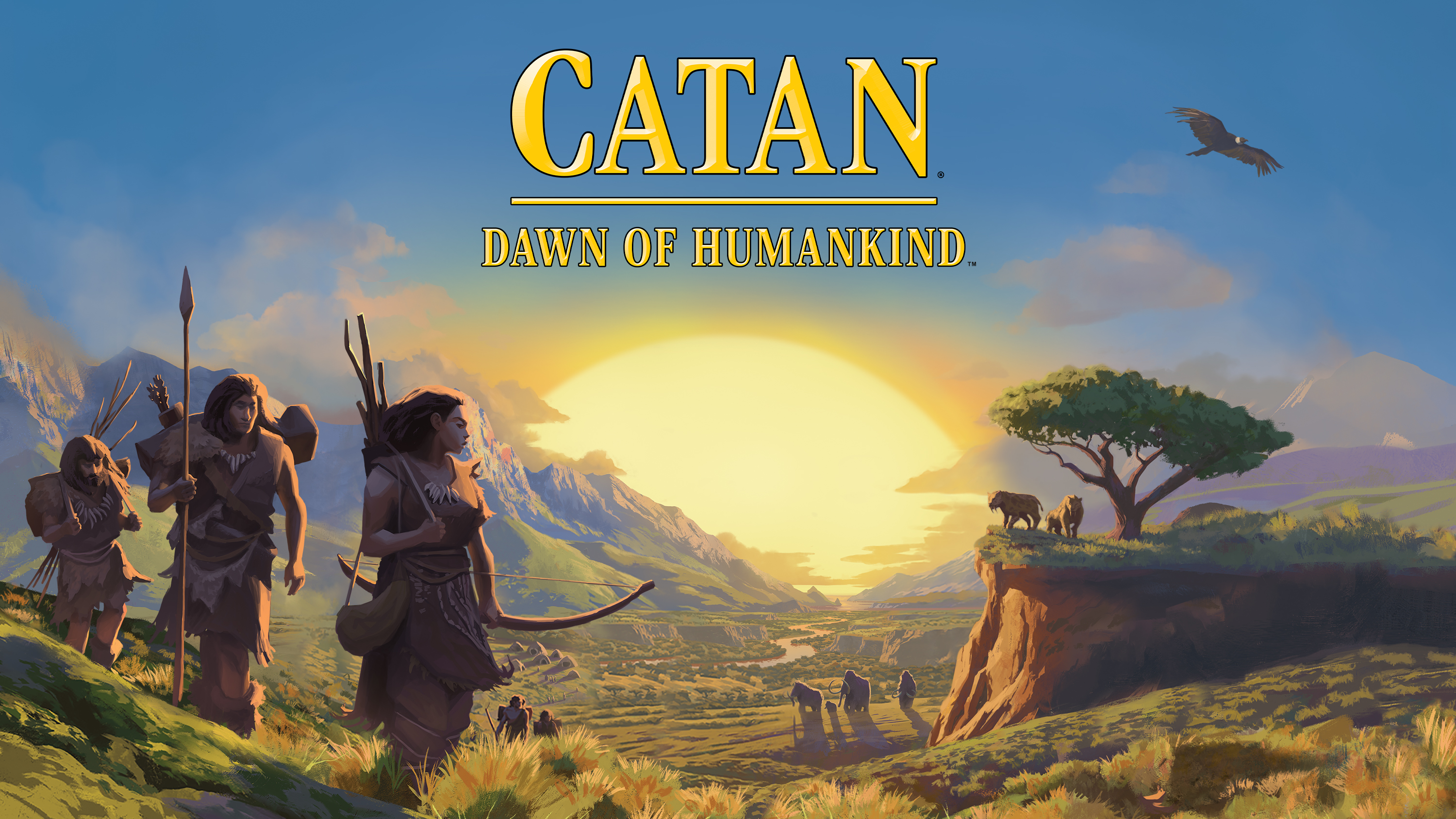 The box art for Catan: Dawn of Humankind, depicting indigenous people trekking out of a valley with mammoths and sabertooth tigers in the distance.