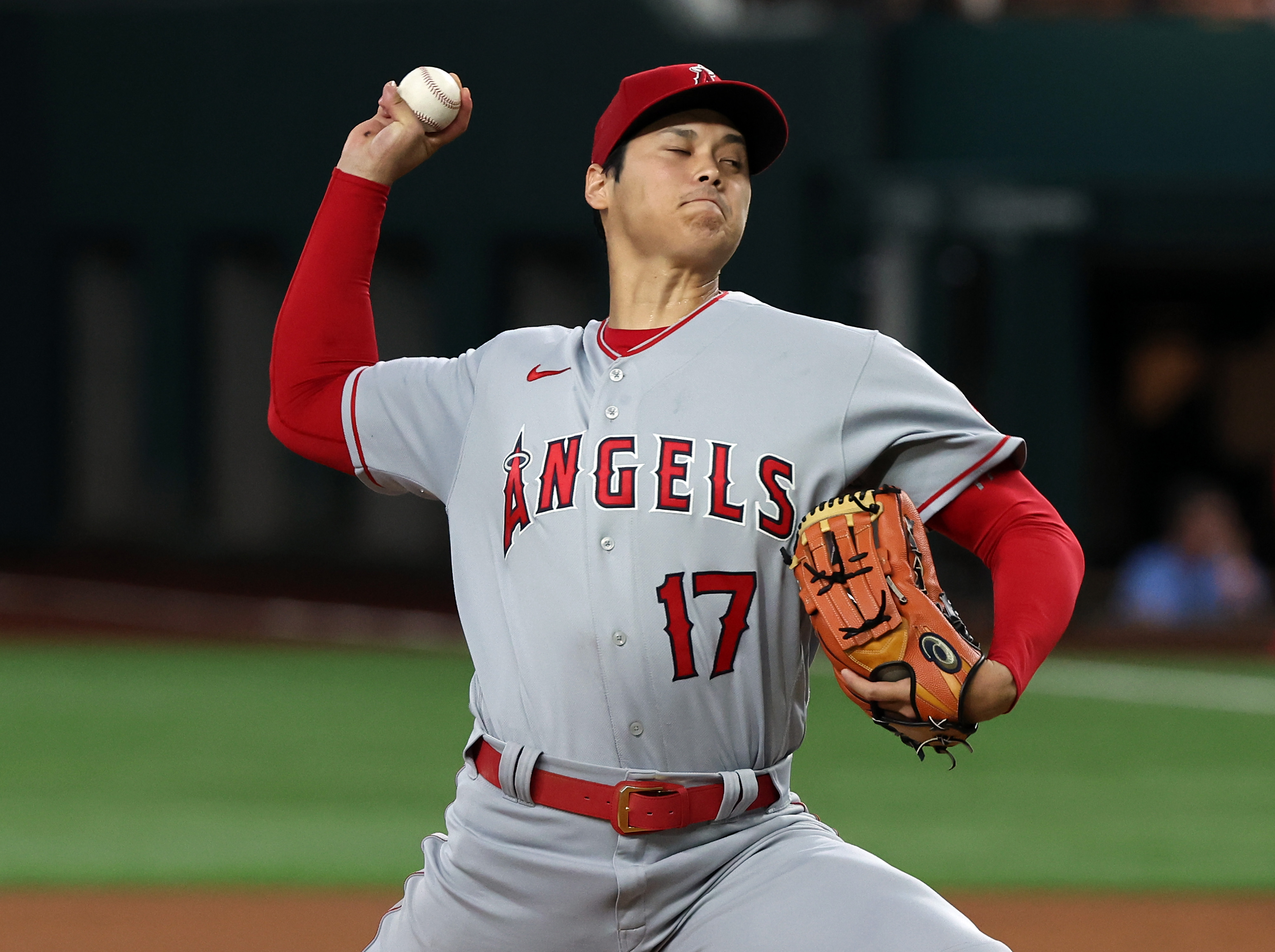 Shohei Ohtani #17 of the Los Angeles Angels pitches against the Texas Rangers at Globe Life Field on May 18, 2022 in Arlington, Texas.
