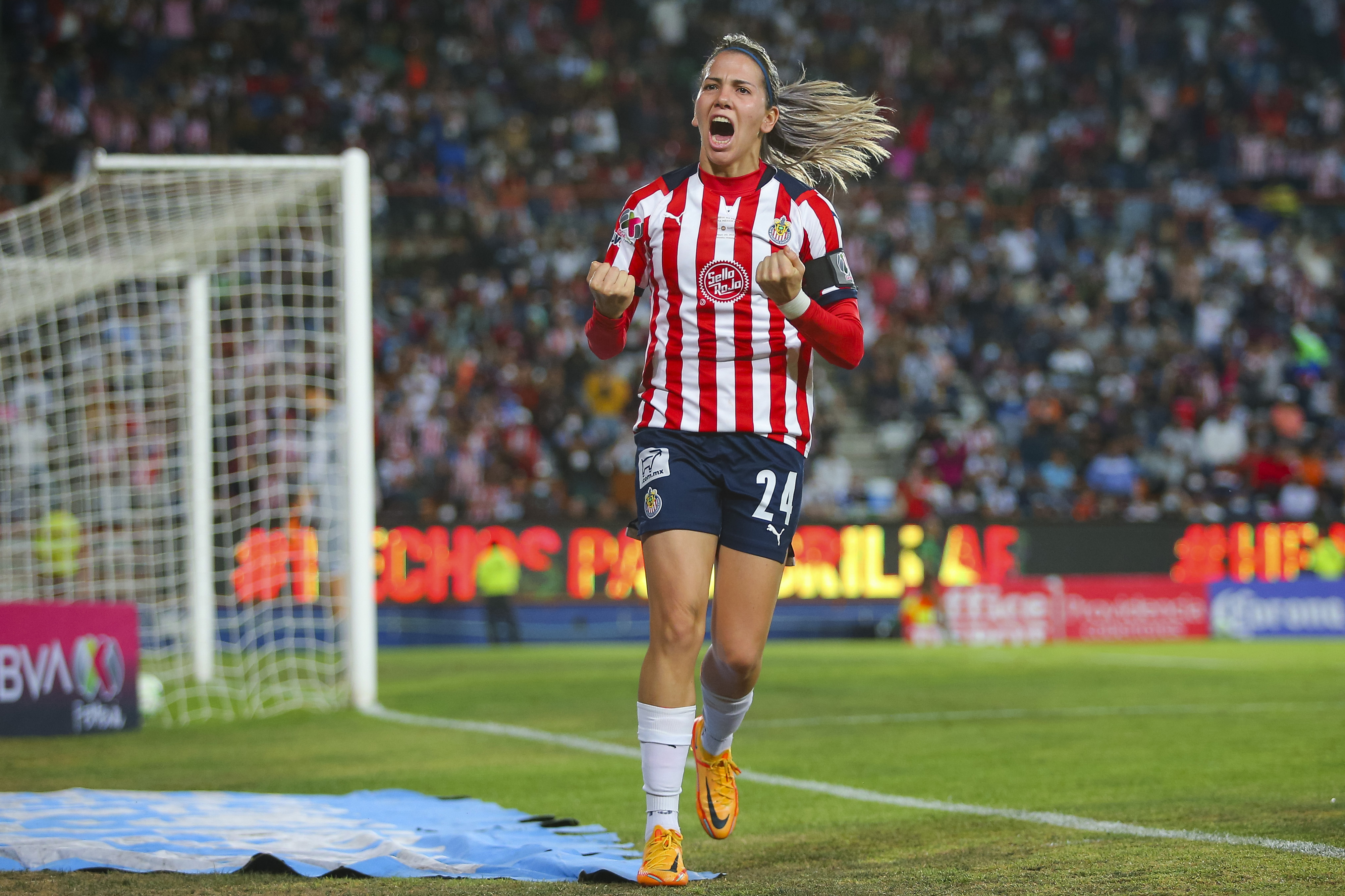 Alicia Cervantes of Chivas celebrates after scoring her team’s third goal during the final first leg match between Pachuca and Chivas as part of the Torneo Grita Mexico C22 Liga MX Femenil at Hidalgo Stadium on May 20, 2022 in Pachuca, Mexico.