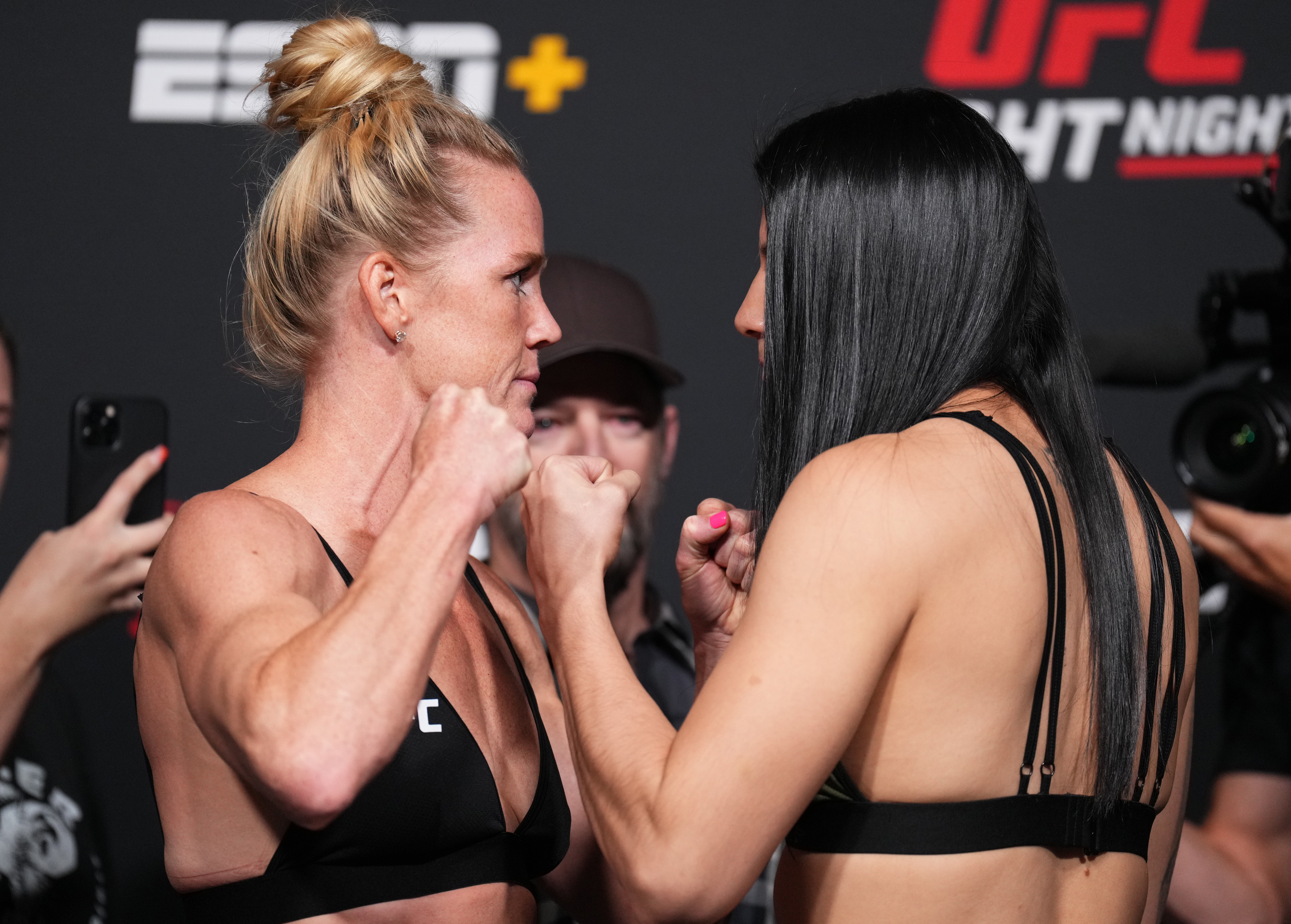 Holly Holm and Ketlen Vieira face off during the UFC weigh-in at UFC APEX on May 20, 2022 in Las Vegas, Nevada.