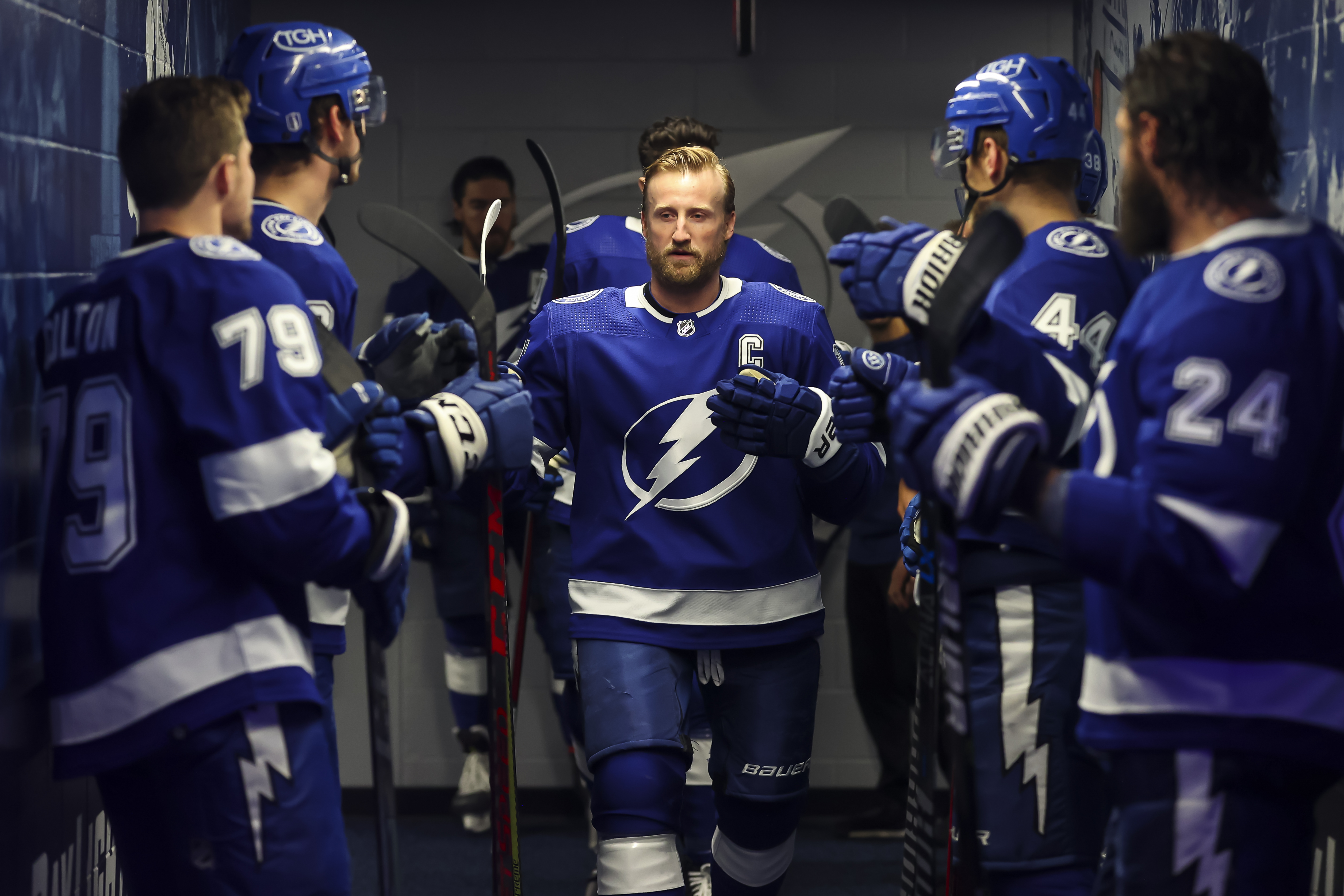 Steven Stamkos #91 of the Tampa Bay Lightning gets ready for the game against the Florida Panthers before Game Four of the Second Round of the 2022 Stanley Cup Playoffs at Amalie Arena on May 23, 2022 in Tampa, Florida.