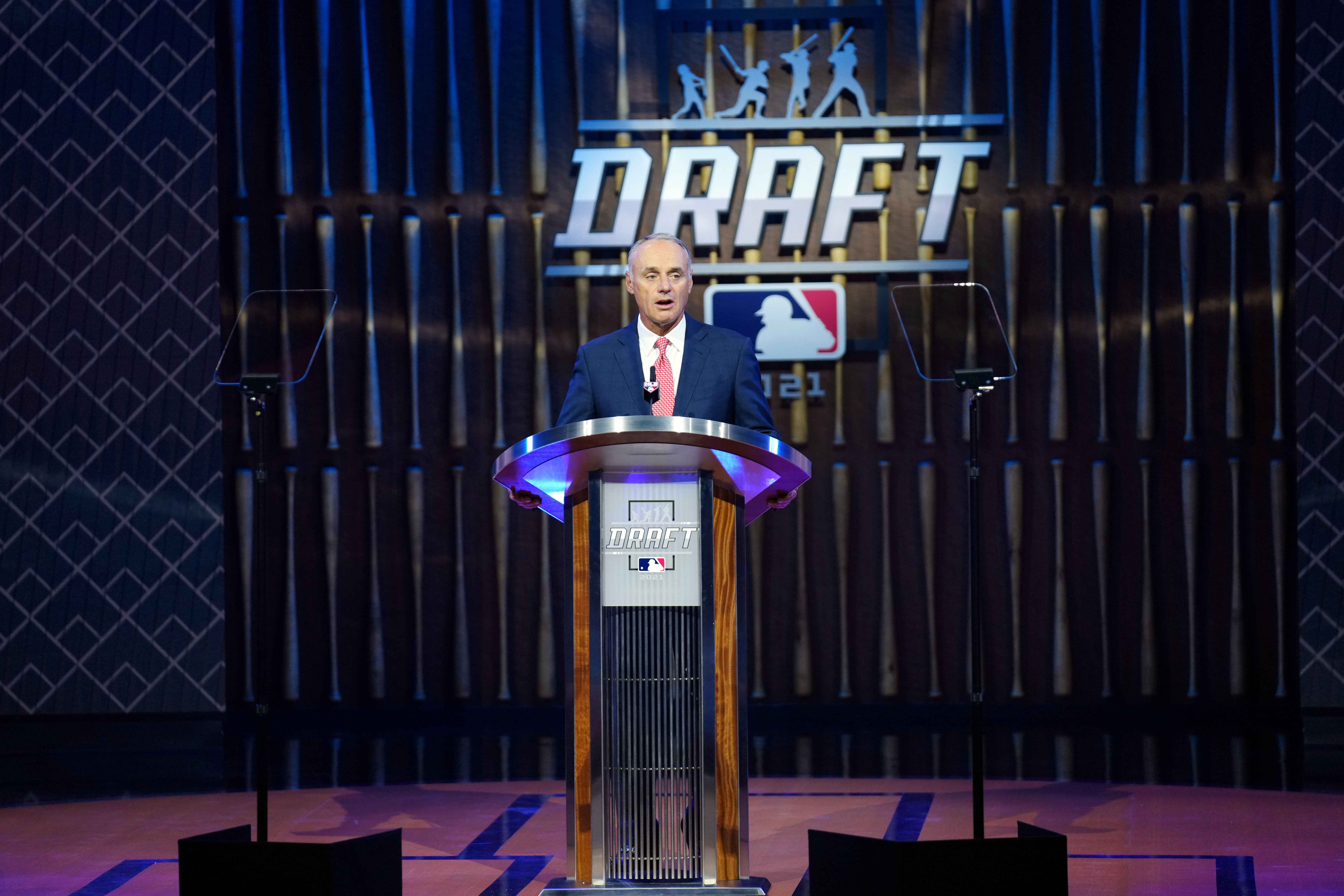 MLB Commissioner Rob Manfred announces the picks during the 2021 Major League Baseball Draft at Bellco Theater at Colorado Convention Center