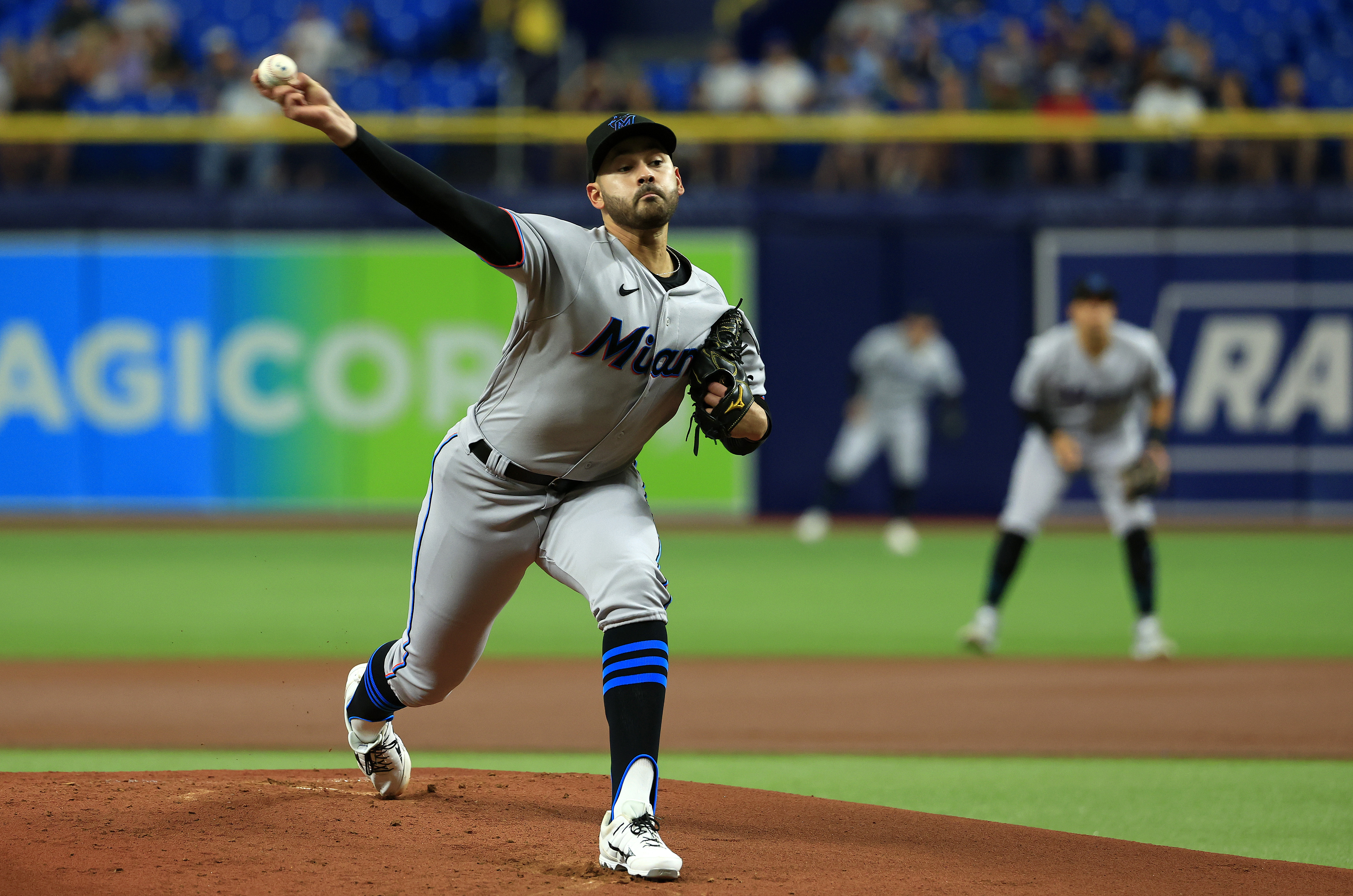 Pablo Lopez #49 of the Miami Marlins pitches during a game against the Tampa Bay Rays at Tropicana Field