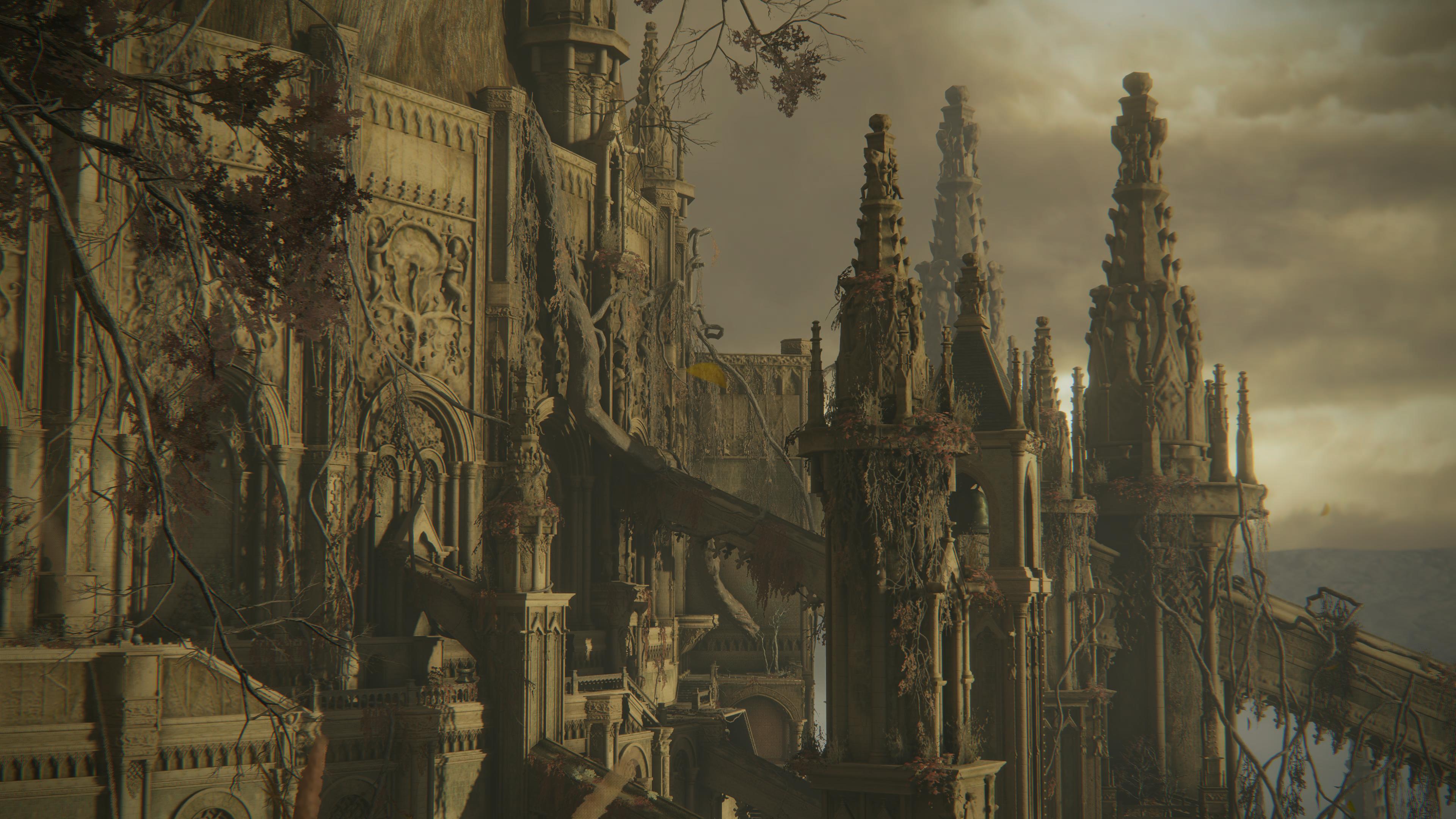 Elden Ring screenshot showing the spires and architecture of Elphael, Brace of the Haligtree