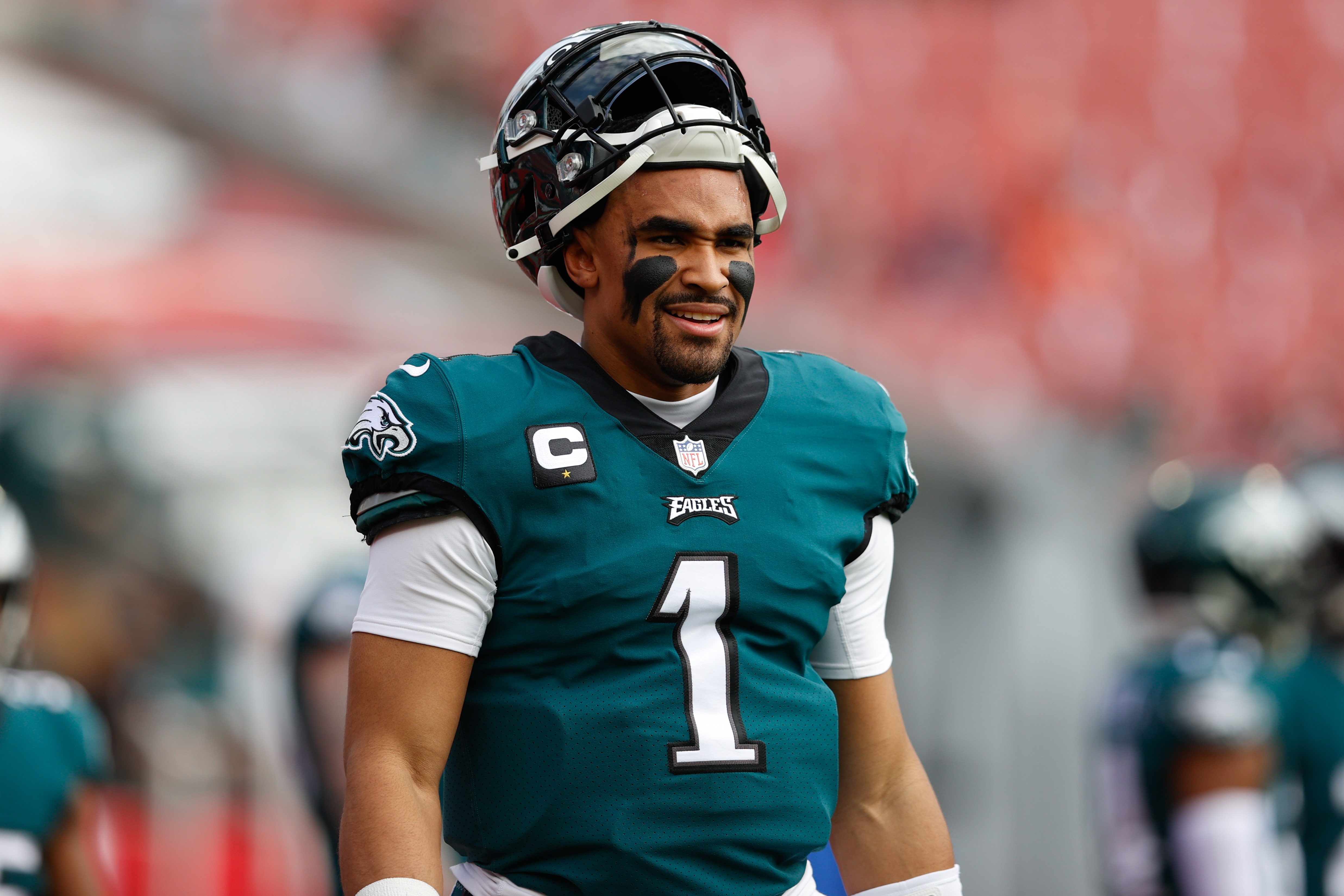 Philadelphia Eagles quarterback Jalen Hurts (1) looks on prior to a game against the Tampa Bay Buccaneers in a NFC Wild Card playoff football game at Raymond James Stadium.