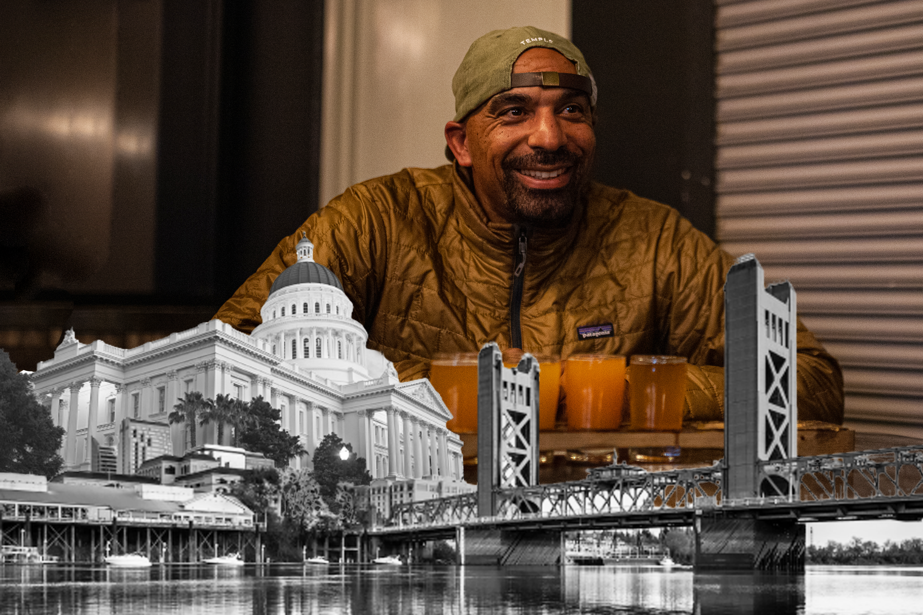 A photo of Rob Archie with overlays of the Tower Bridge and California State Capitol.