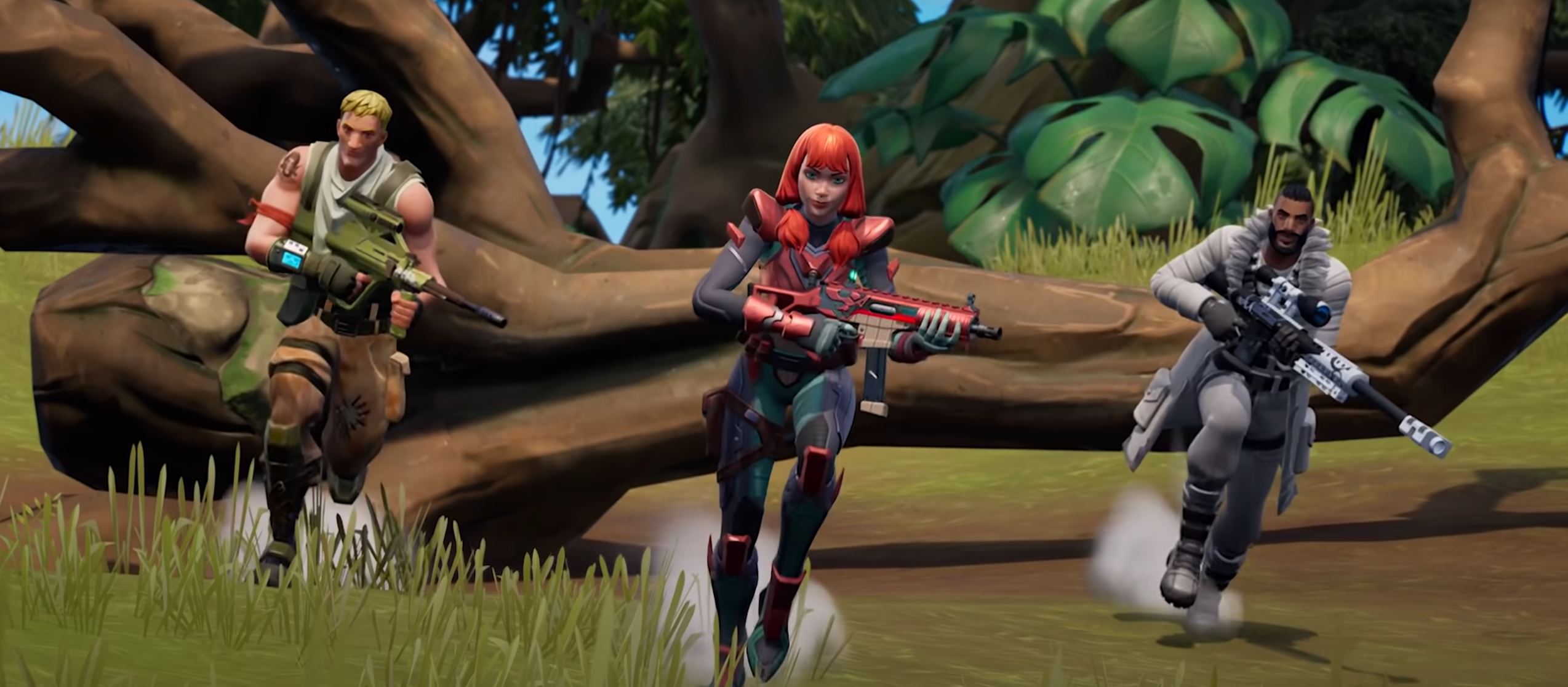 Three Fortnite characters run towards the camera, weapons at the ready, in Epic Games’ trailer for Zero Build mode