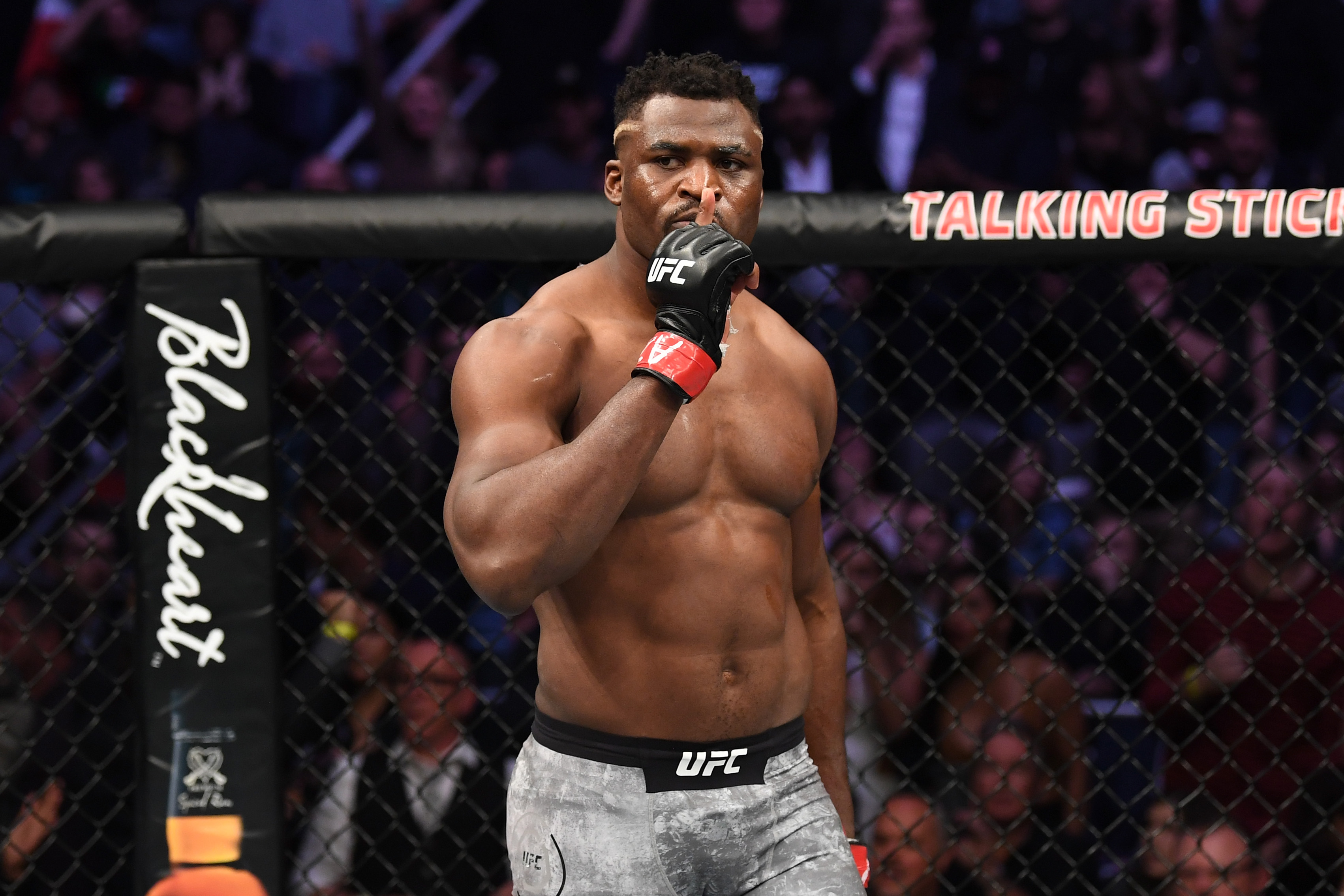 Francis Ngannou celebrates his 26-second KO win over Cain Velasquez in 2019. 