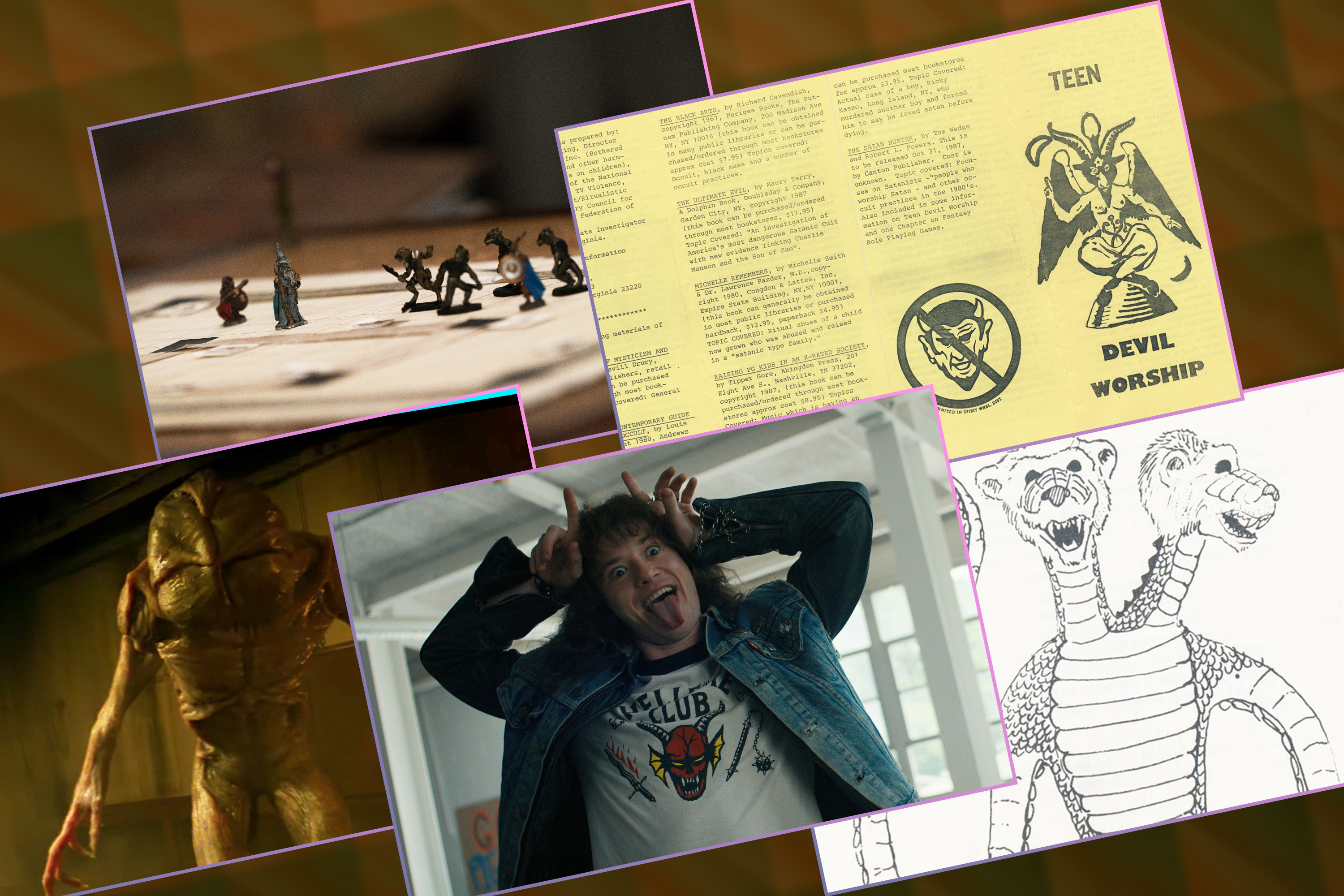 A collage of Stranger Things images, alongside old D&amp;D and Satanic Panic materials