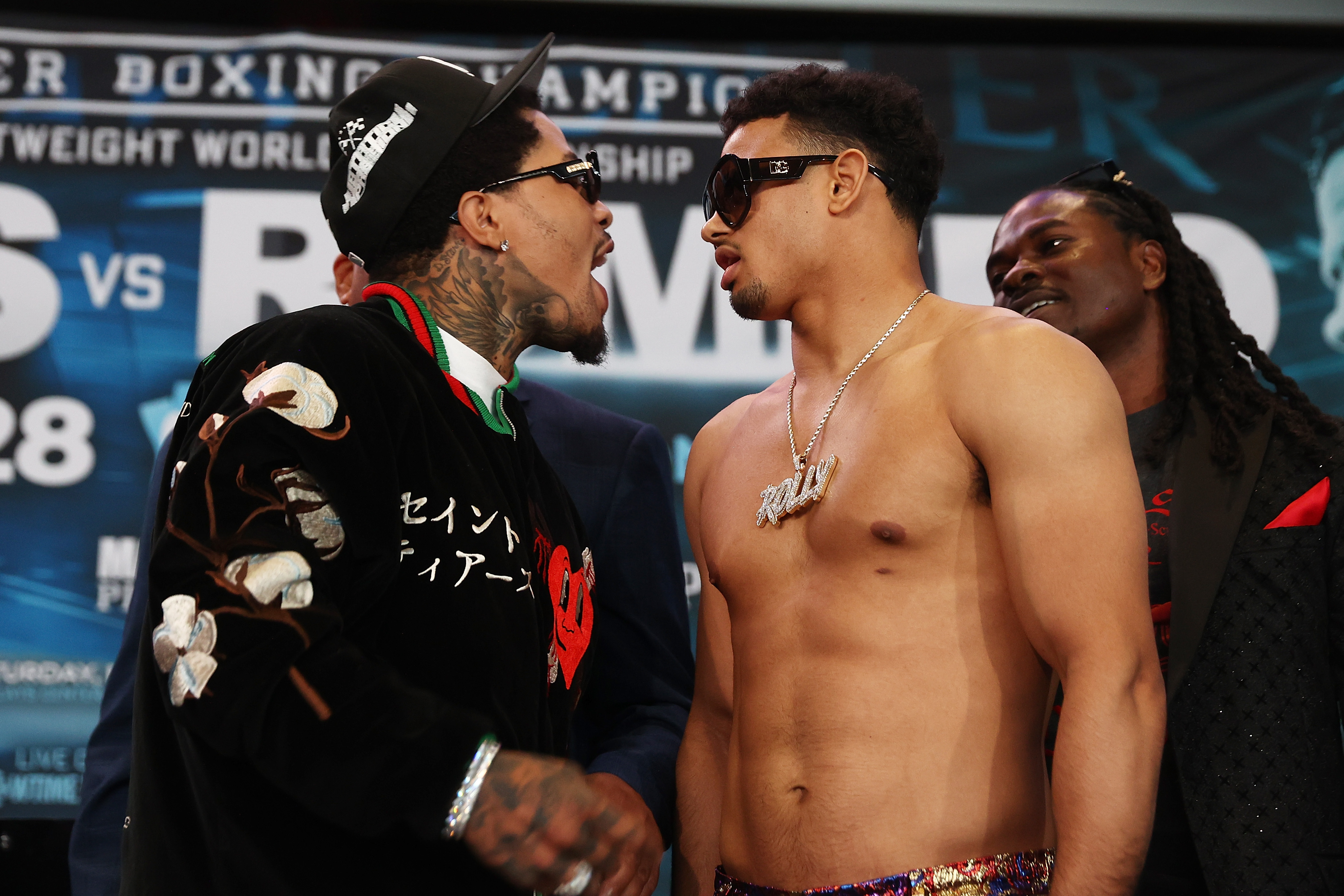Gervonta Davis faces-off against Rolando Romero during a press conference at Barclays Center on April 07, 2022 in Brooklyn, New York.