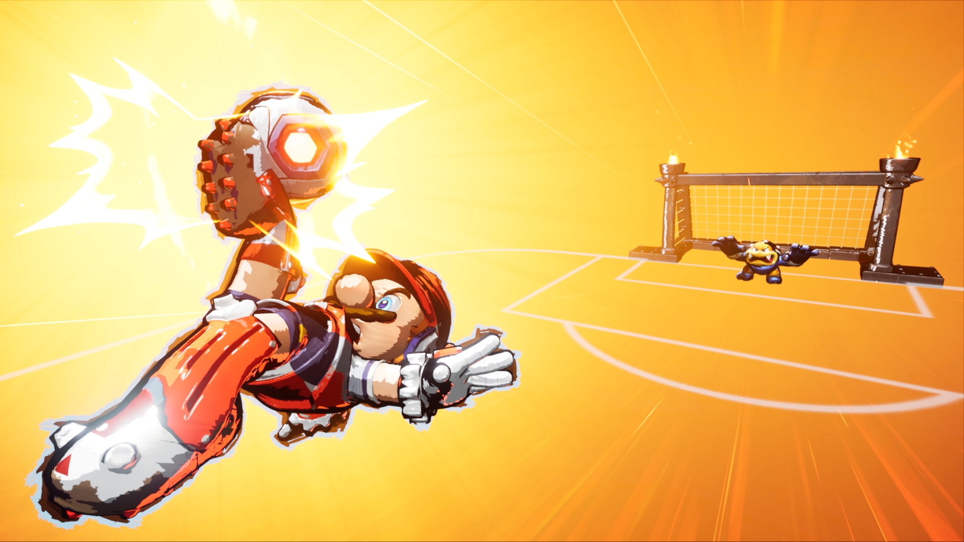 Mario uses his Hyper Strike kick to smack a soccer ball at Boom Boom in a screenshot from Mario Strikers: Battle League