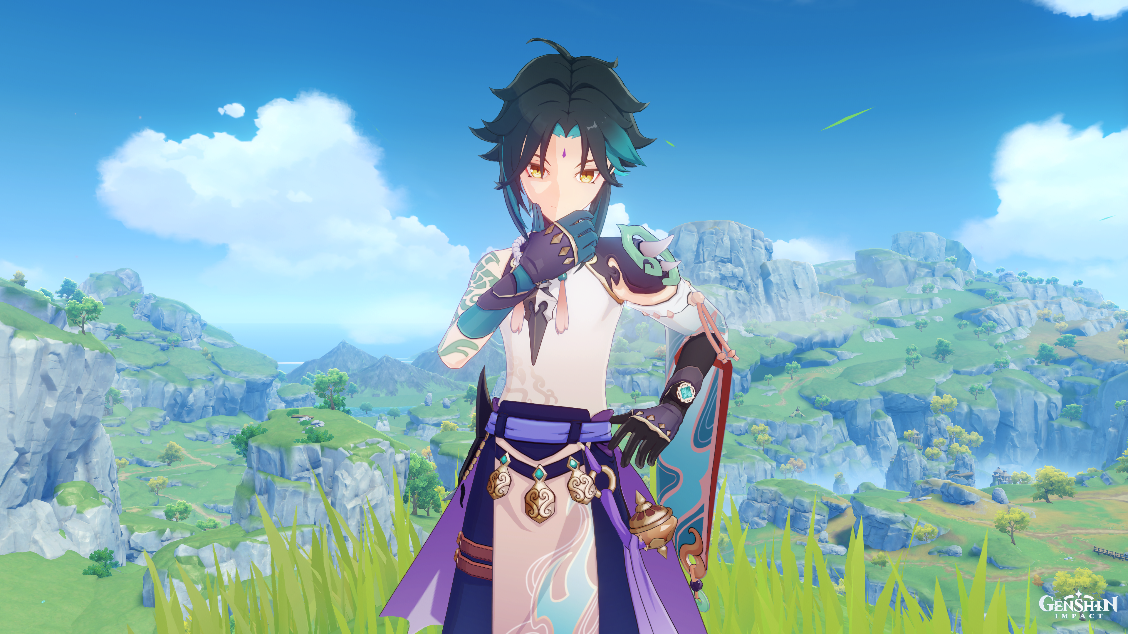 xiao standing thinking in genshin impact. the landscape of liyue is sprawling behind him