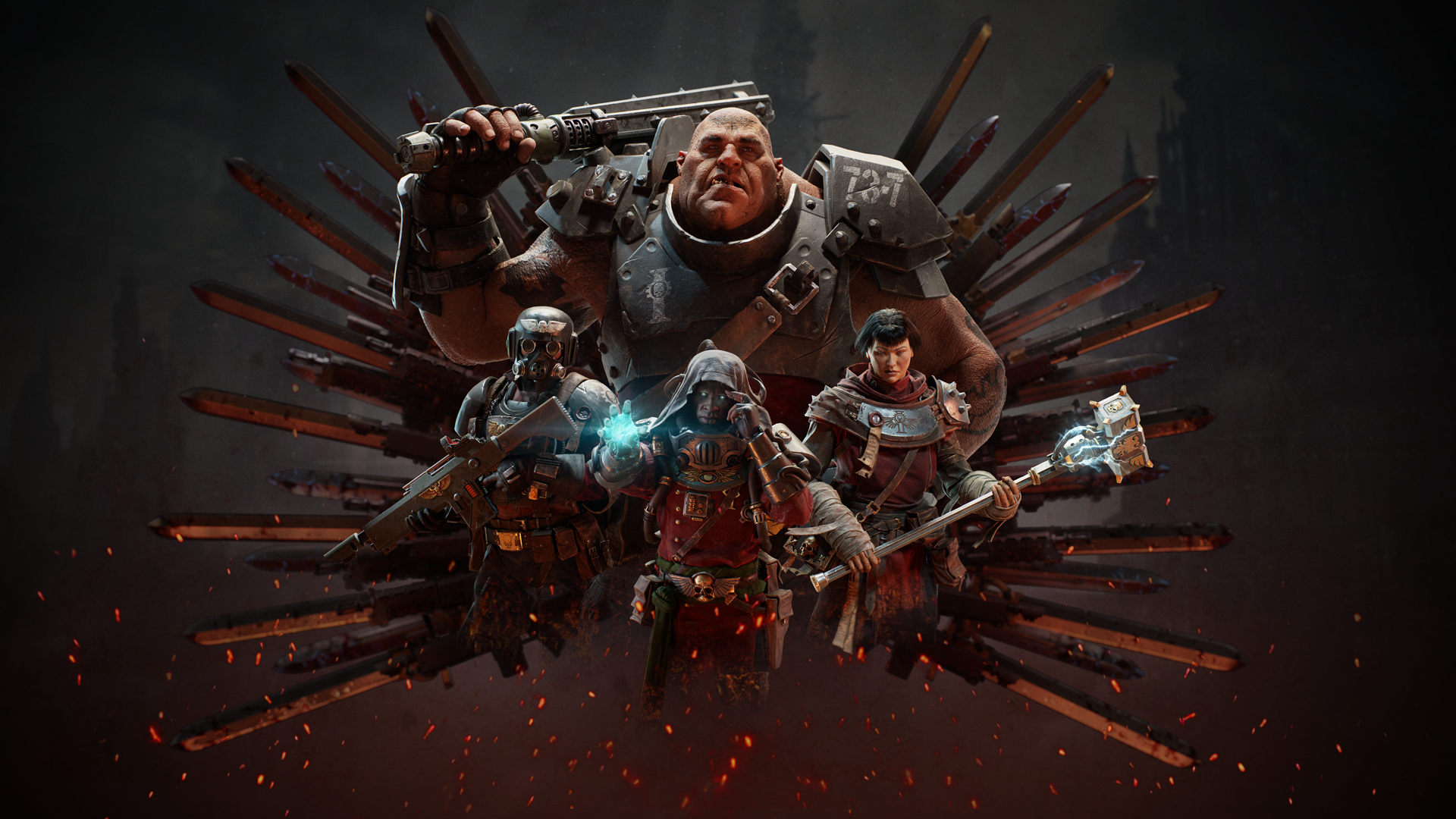 Warhammer 40K: Darktide key art, showing four heroes — an ogryn, two Imperial soldiers, and a psyker