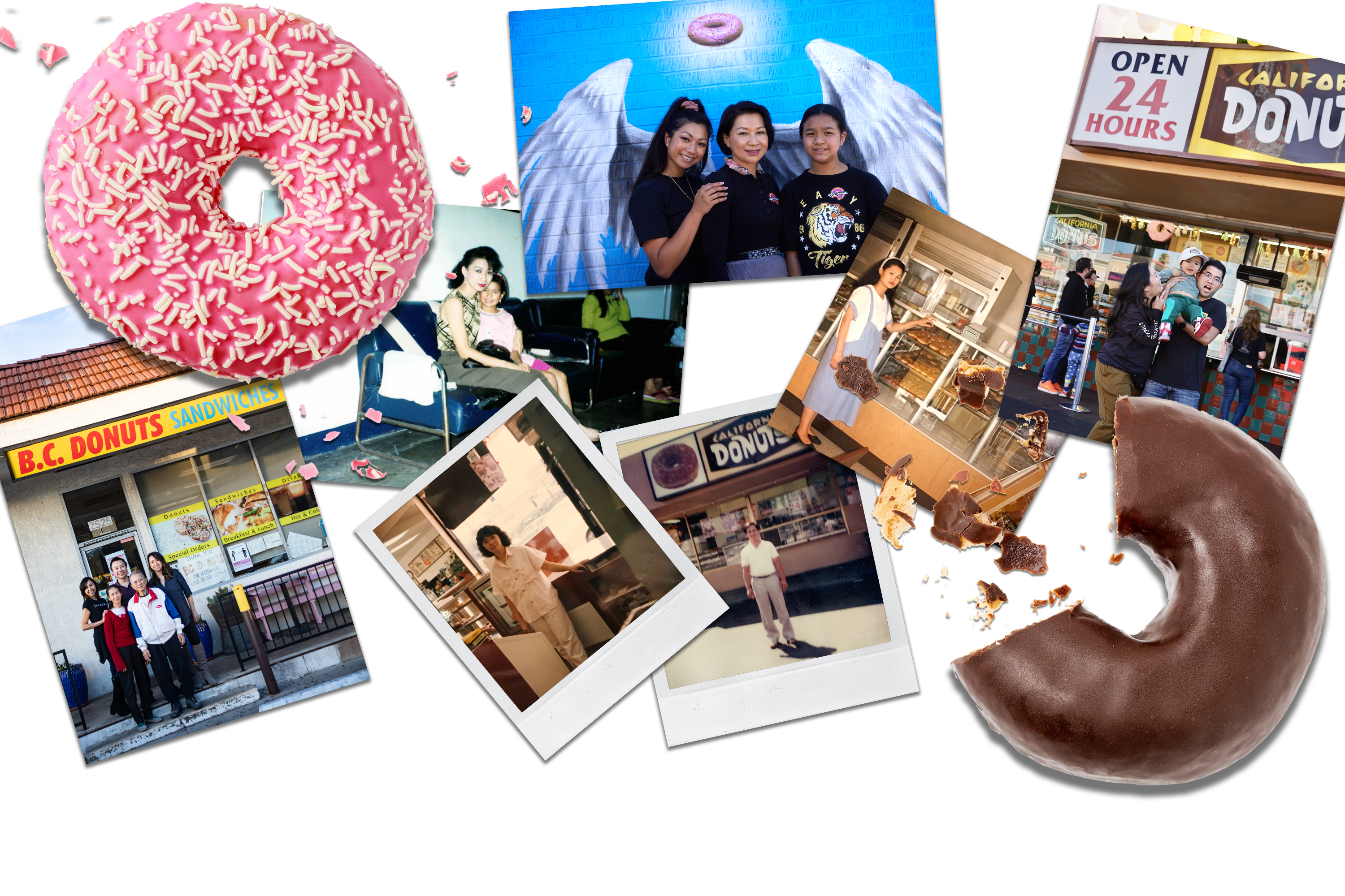 A collage of photos of the owners of family-owned doughnut shops