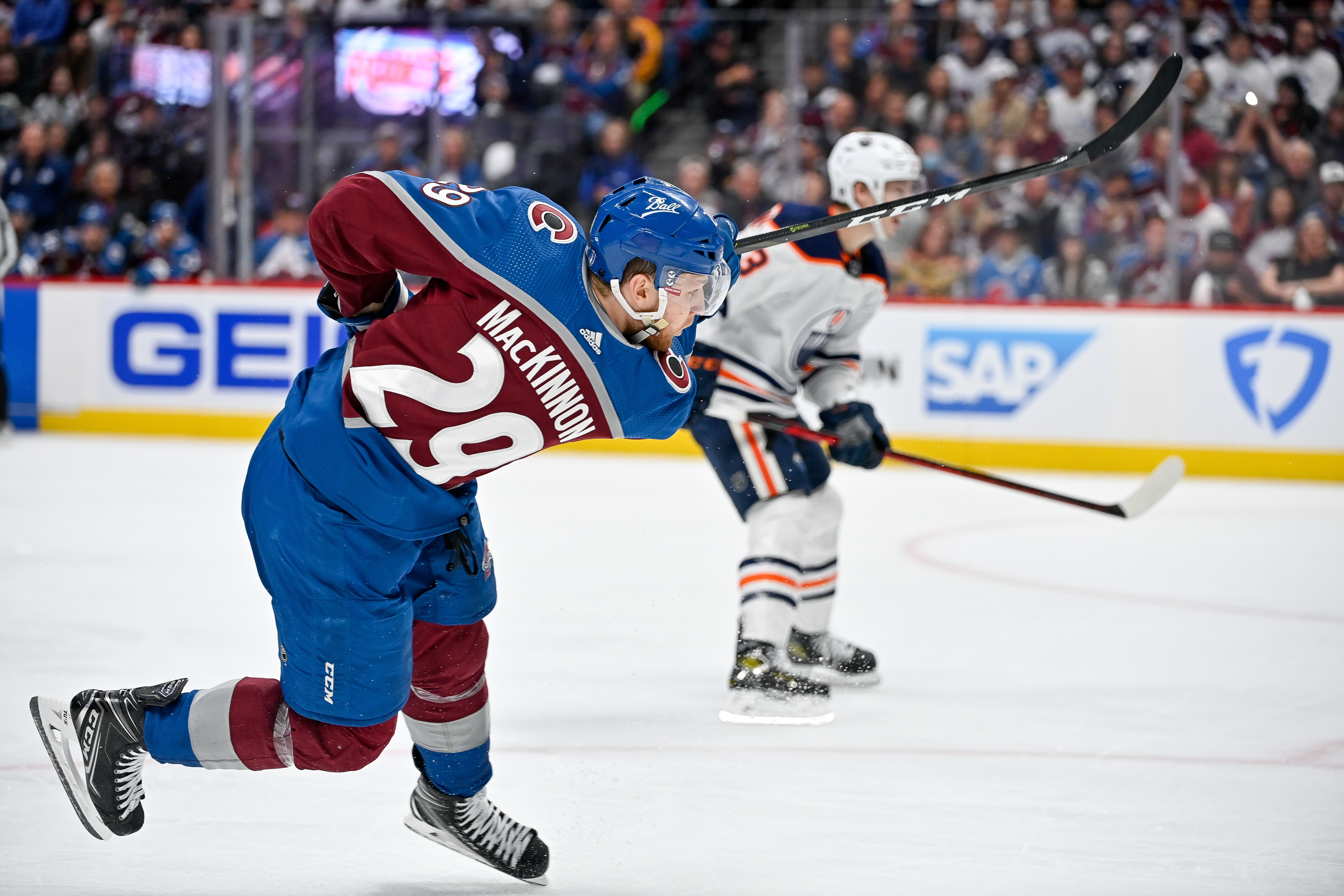 &nbsp;Colorado Avalanche center Nathan MacKinnon (29) shoots during a Stanley Cup Playoffs Western Conference Finals game between the Edmonton Oilers and the Colorado Avalanche at Ball Arena in Denver, Colorado on May 31, 2022.